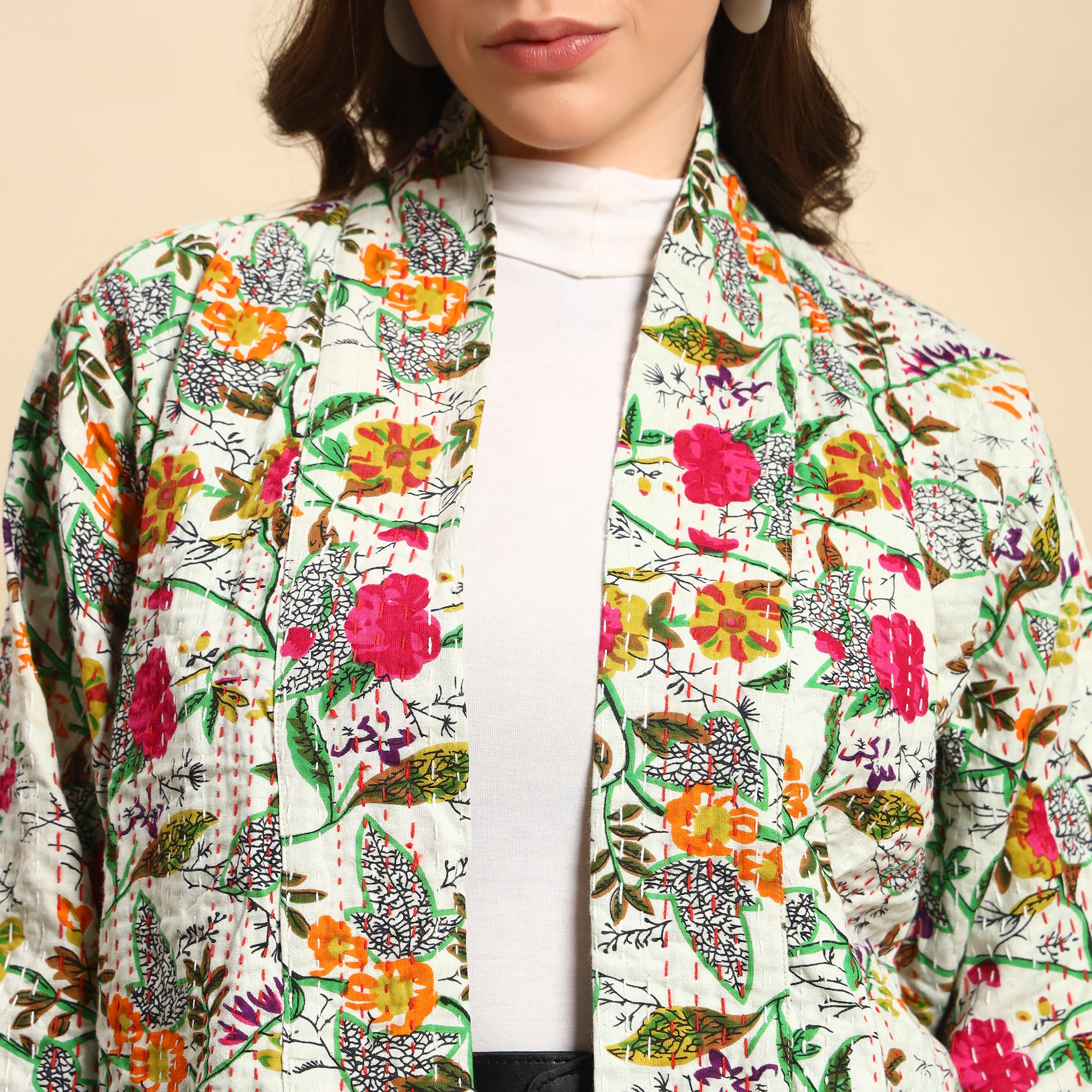 White Floral Kantha Jacket