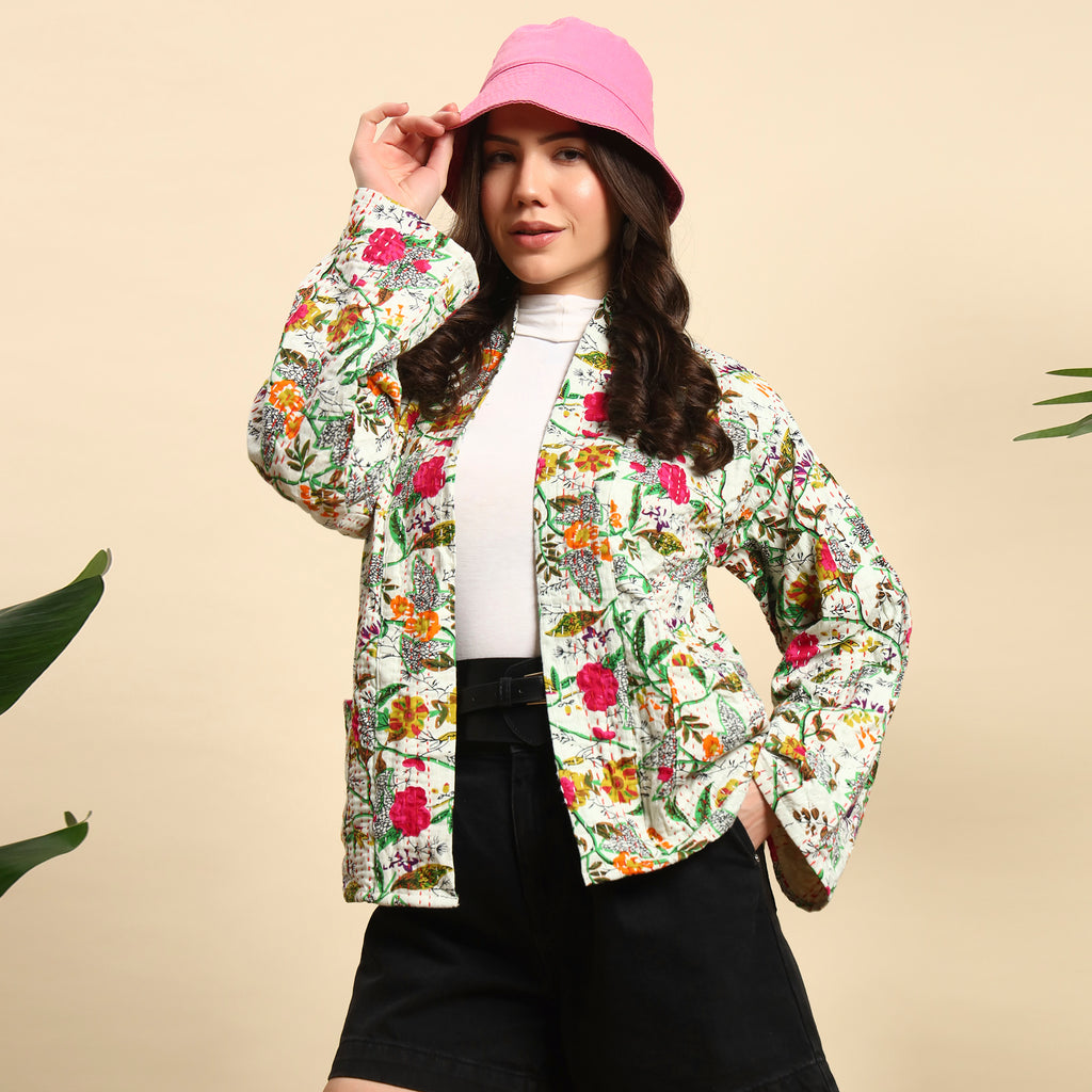 White Floral Kantha Jacket