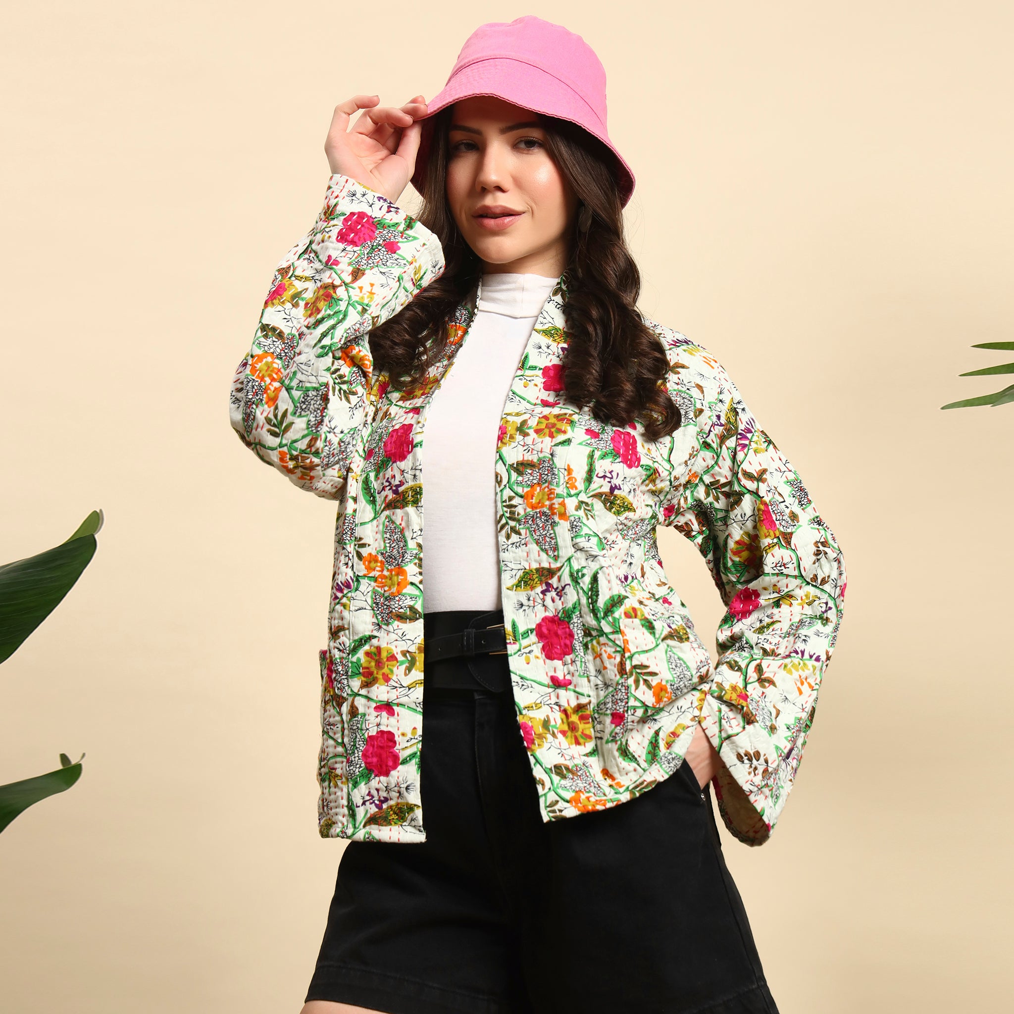White Floral Kantha Jacket