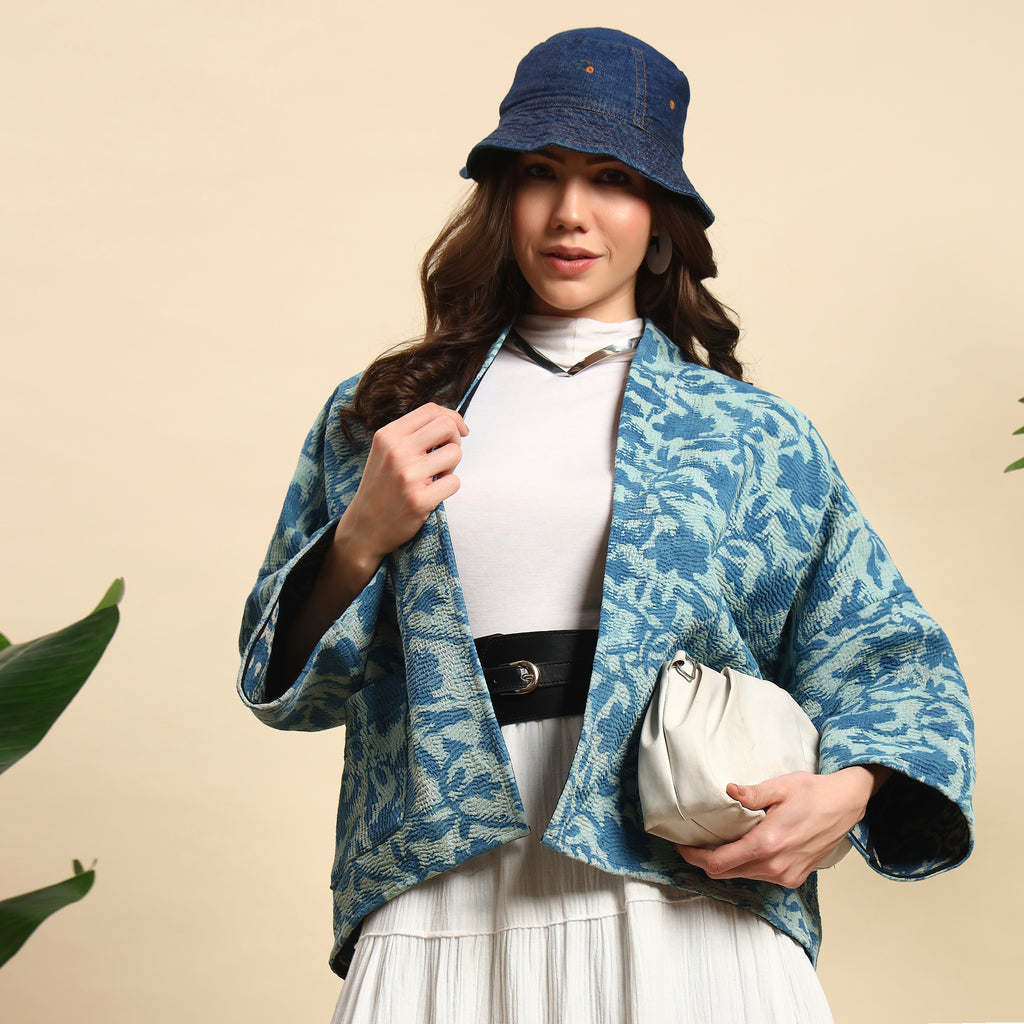 NEELI Hand Block Printed Vintage Indigo Kantha Jacket