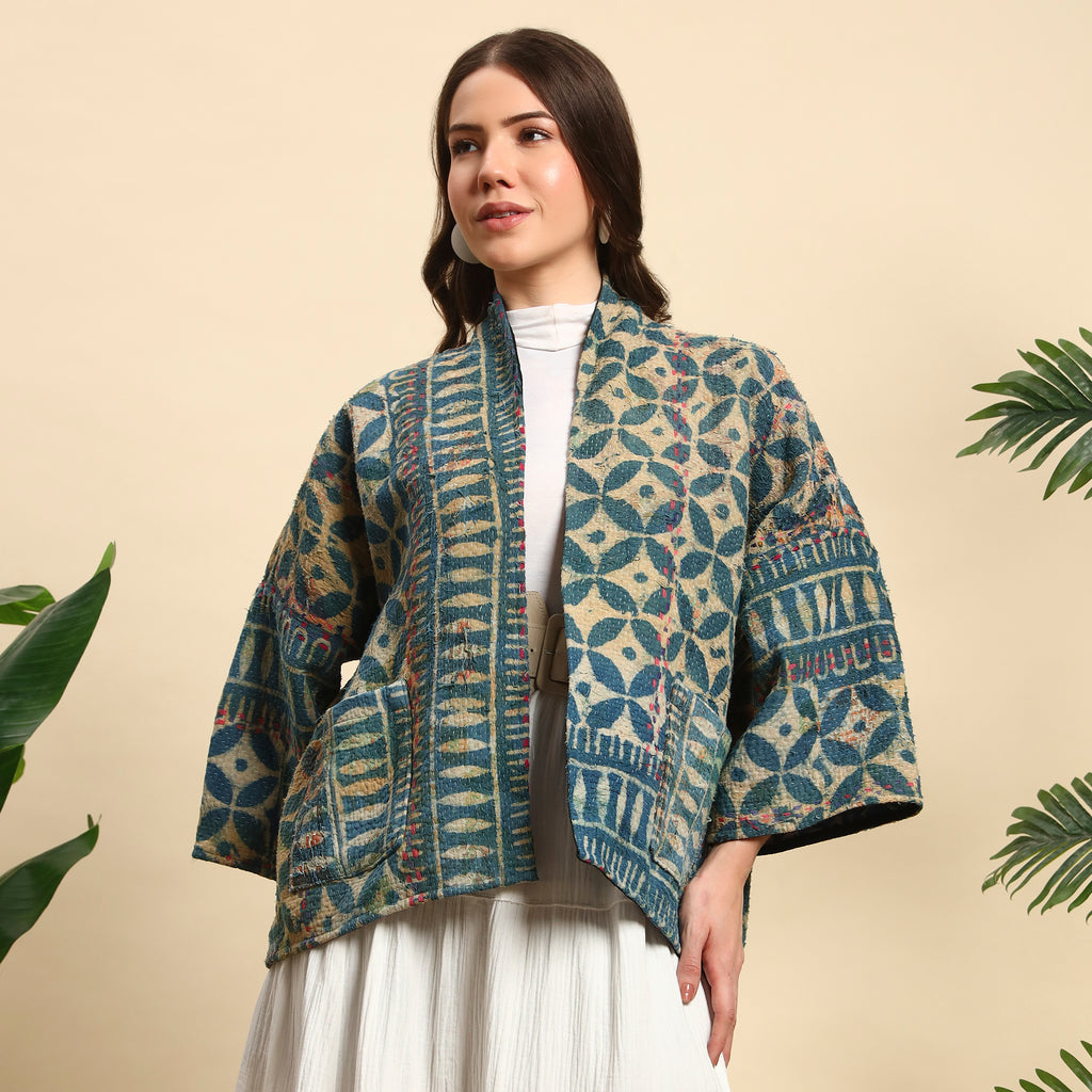KANTI Hand Block Printed Vintage Indigo Kantha Jacket