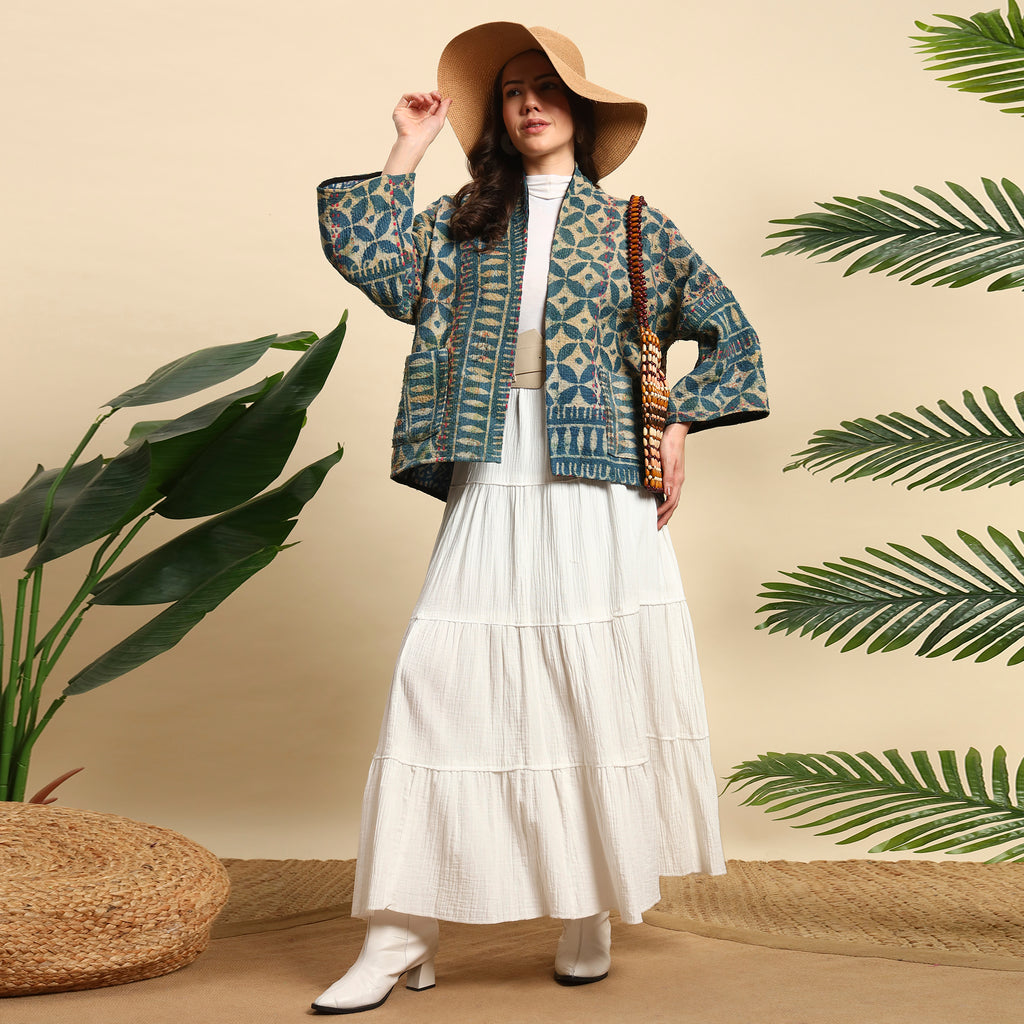 KANTI Hand Block Printed Vintage Indigo Kantha Jacket