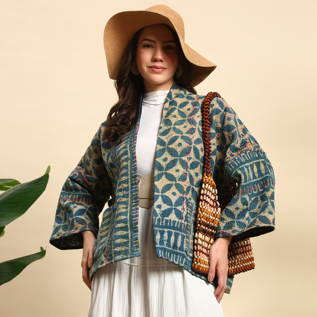KANTI Hand Block Printed Vintage Indigo Kantha Jacket