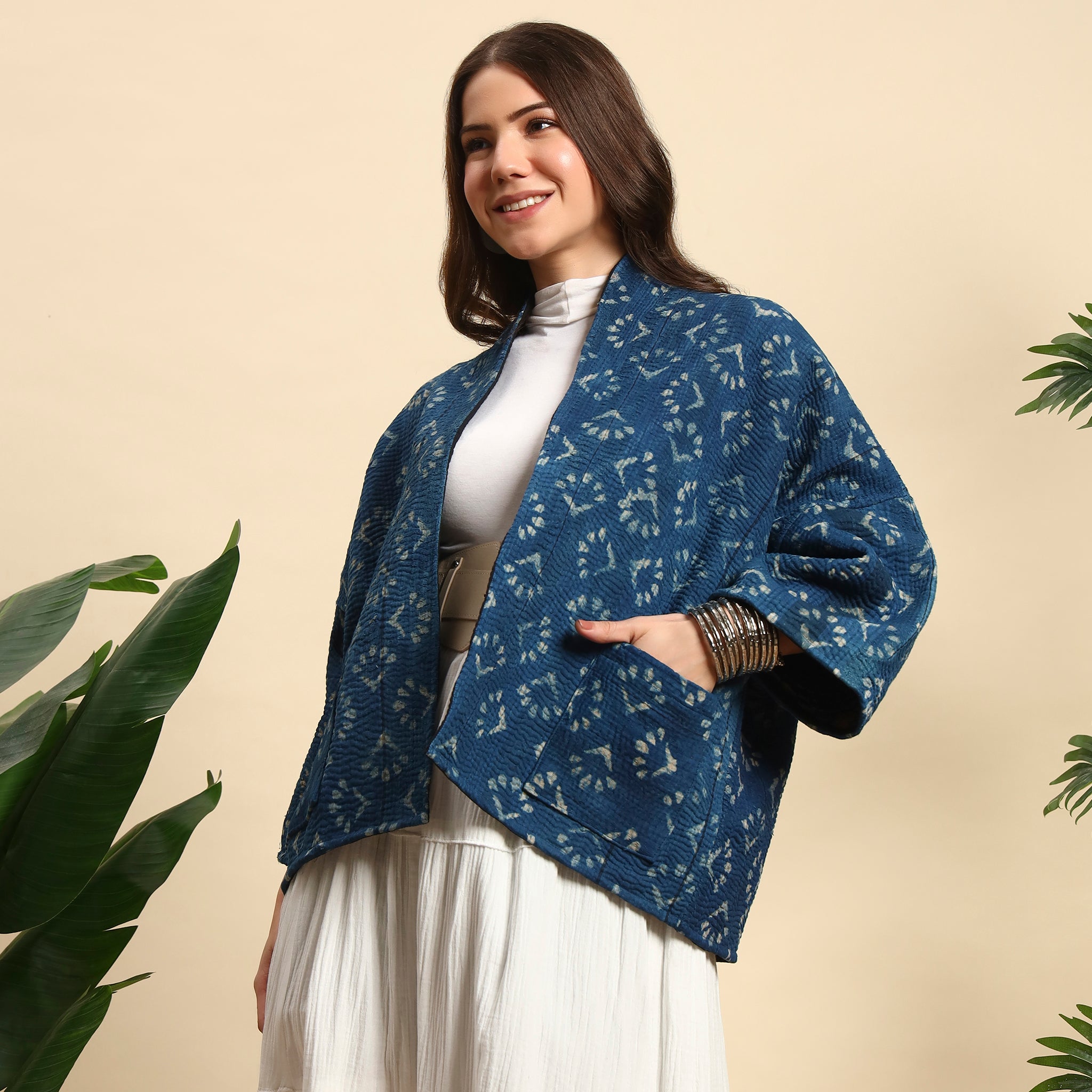SIYA Hand Block Printed Vintage Indigo Kantha Jacket