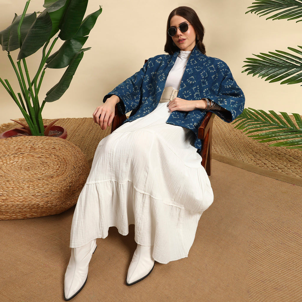 SIYA Hand Block Printed Vintage Indigo Kantha Jacket