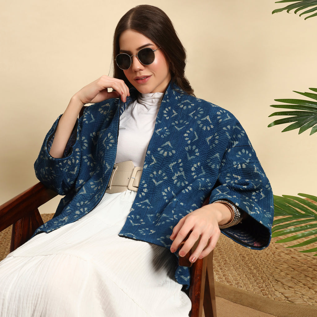 SIYA Hand Block Printed Vintage Indigo Kantha Jacket