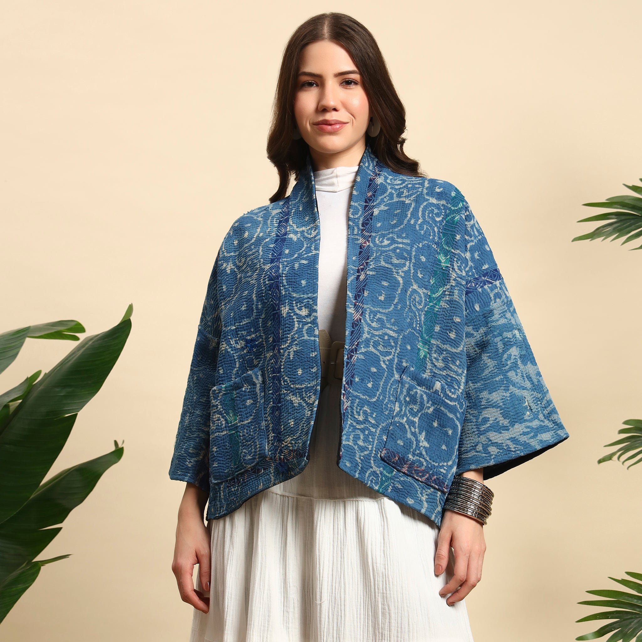 PHOOL Hand Block Printed Vintage Indigo Kantha Jacket