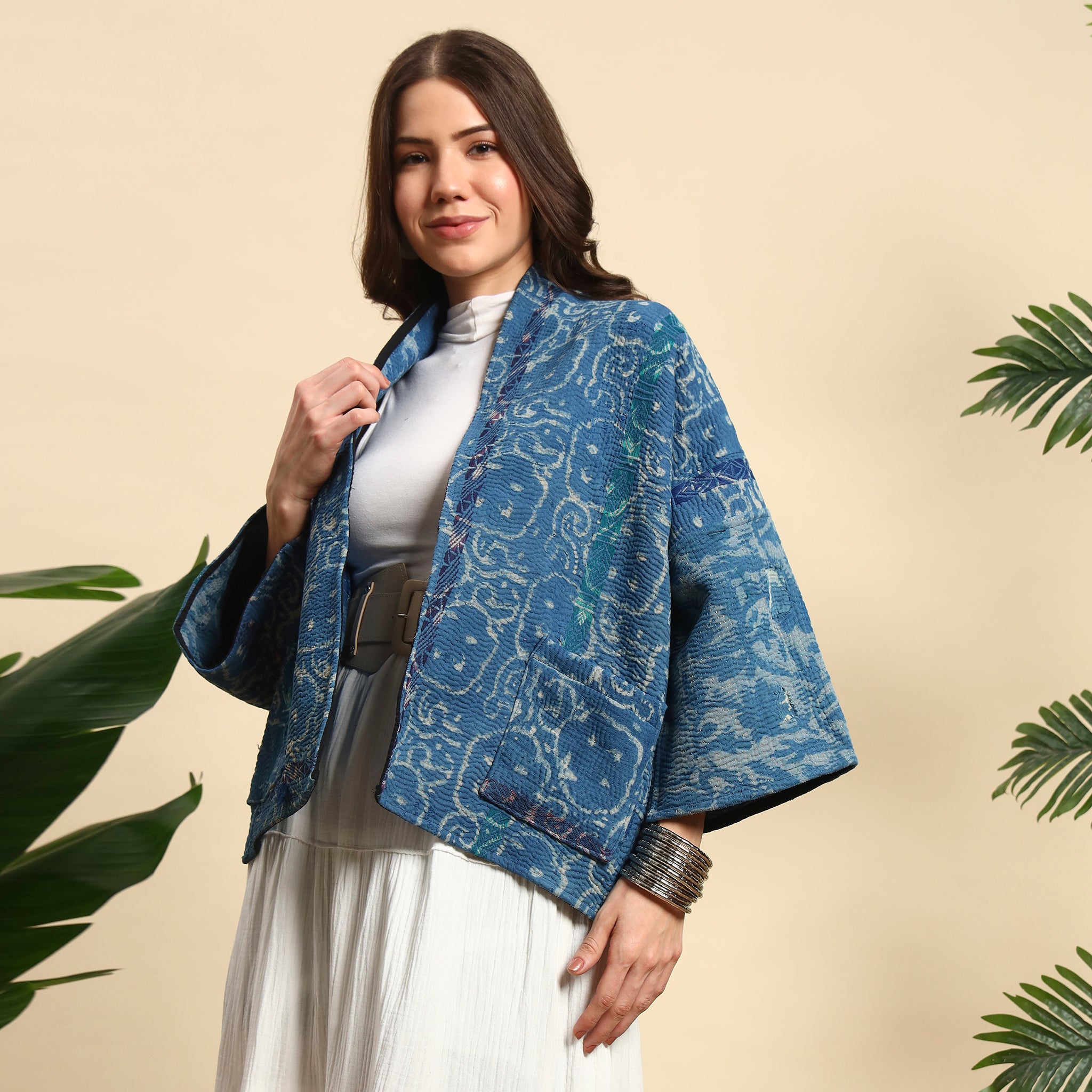 PHOOL Hand Block Printed Vintage Indigo Kantha Jacket