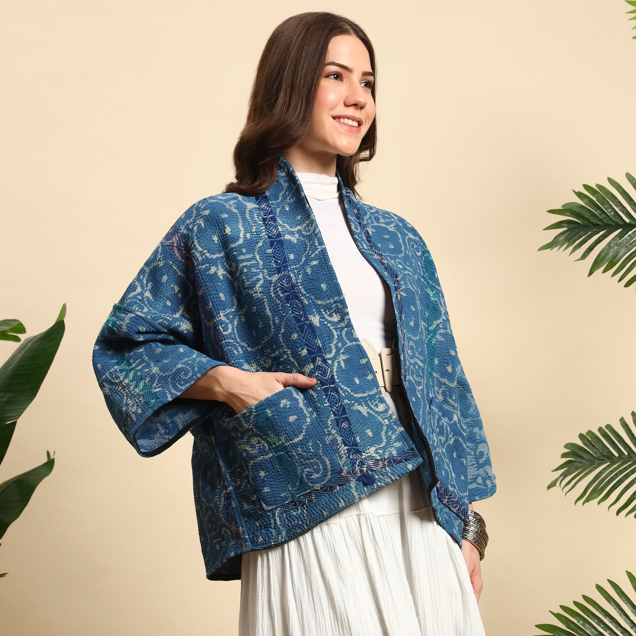 PHOOL Hand Block Printed Vintage Indigo Kantha Jacket