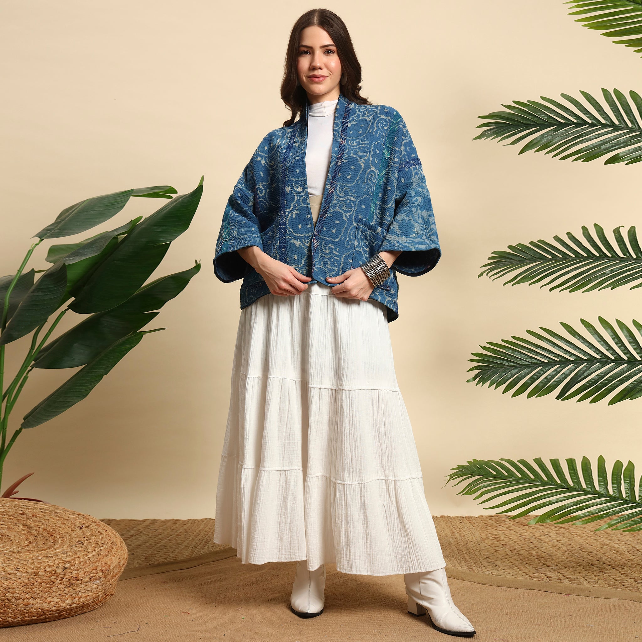 PHOOL Hand Block Printed Vintage Indigo Kantha Jacket