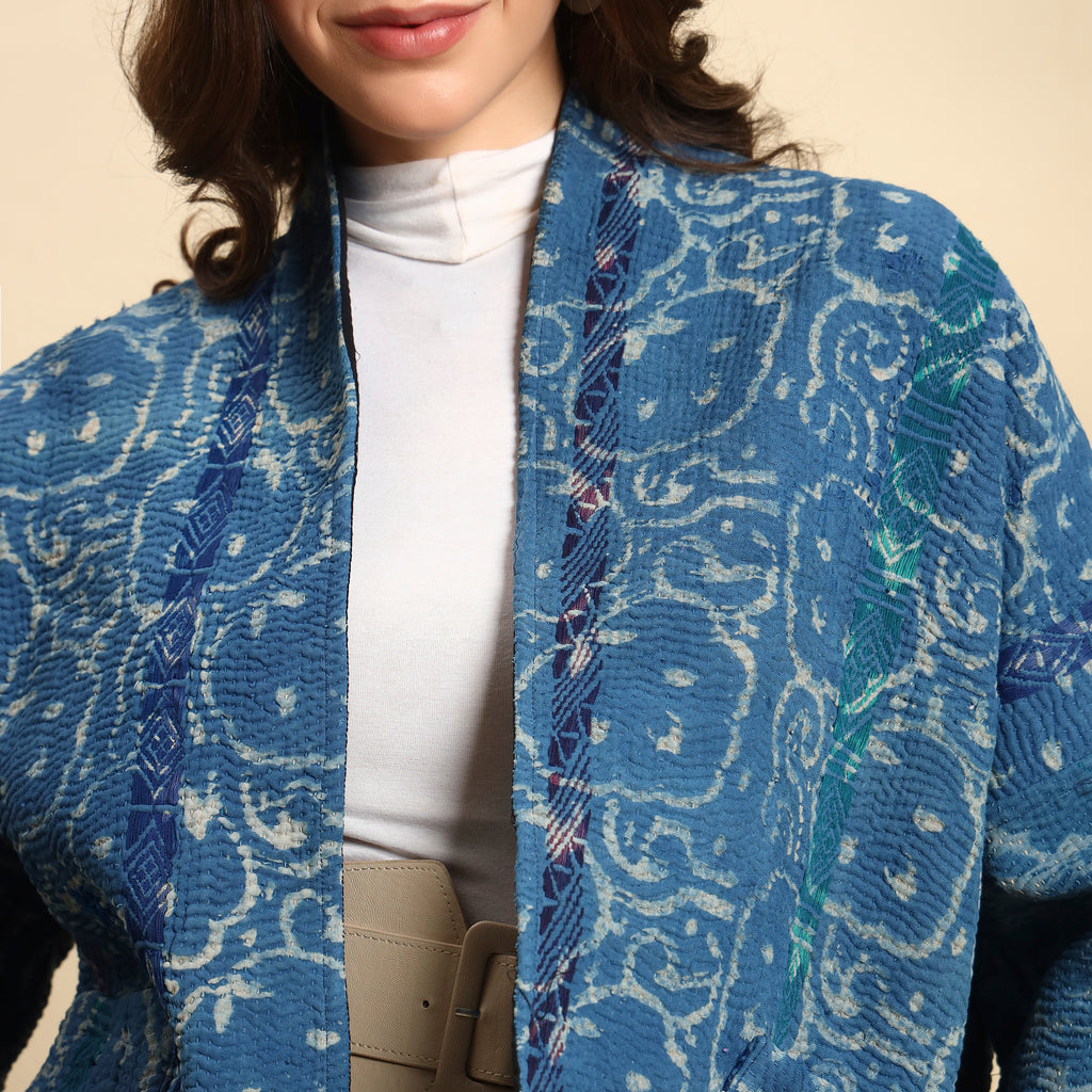 PHOOL Hand Block Printed Vintage Indigo Kantha Jacket