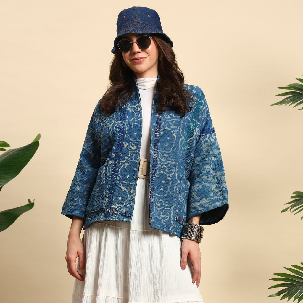 PHOOL Hand Block Printed Vintage Indigo Kantha Jacket