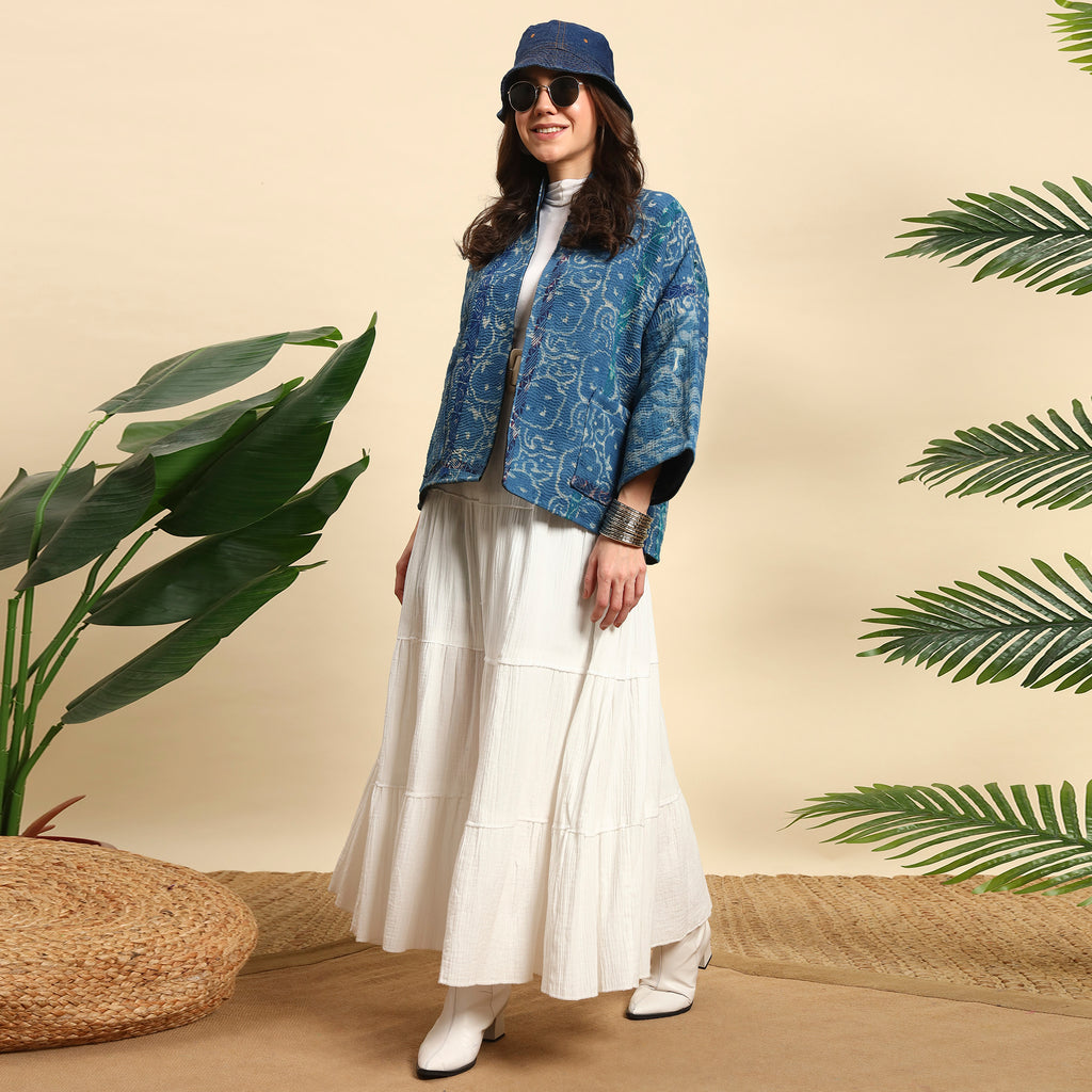 PHOOL Hand Block Printed Vintage Indigo Kantha Jacket