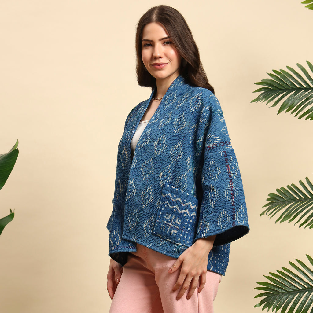 SAKARPARA Hand Block Printed Vintage Indigo Kantha Jacket