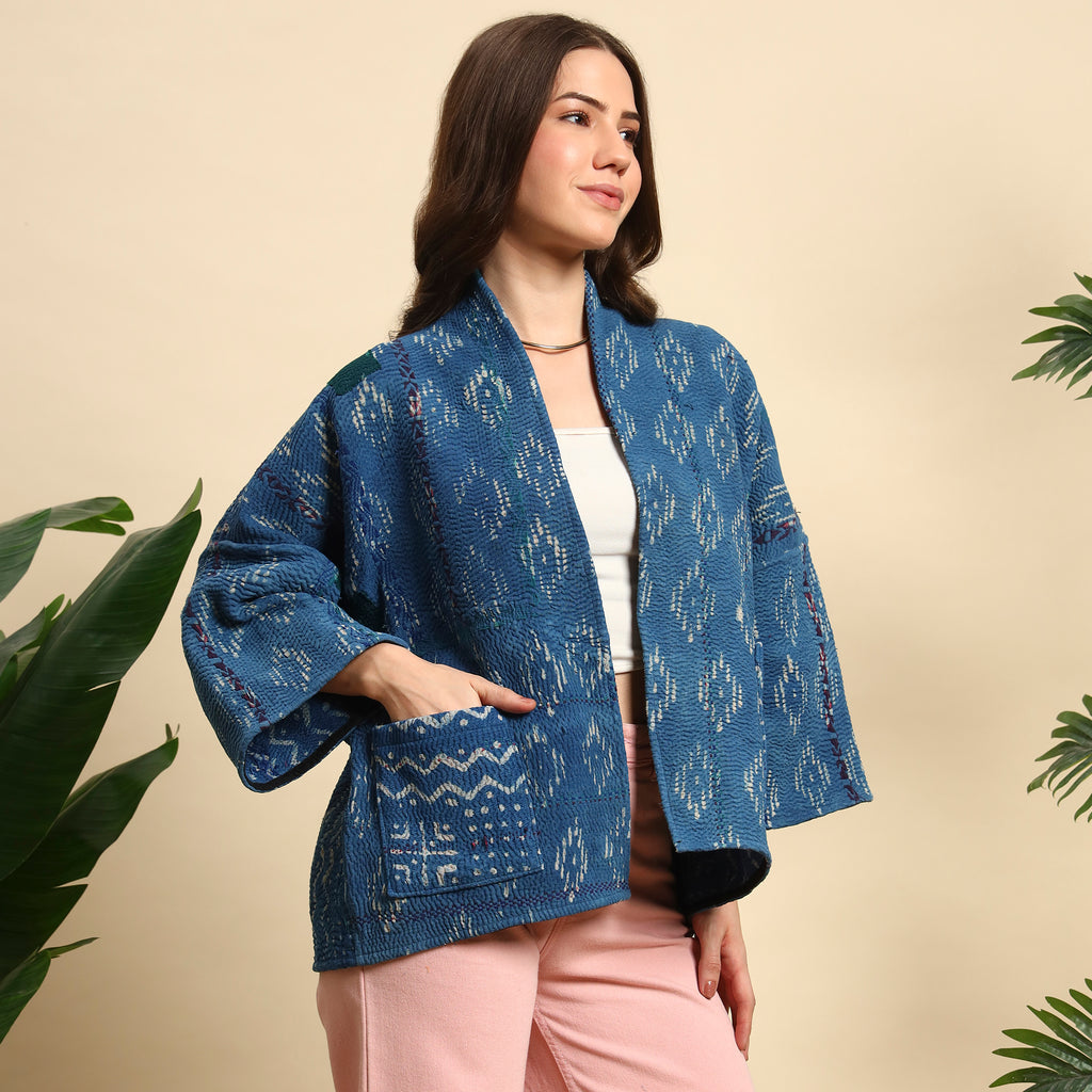 SAKARPARA Hand Block Printed Vintage Indigo Kantha Jacket