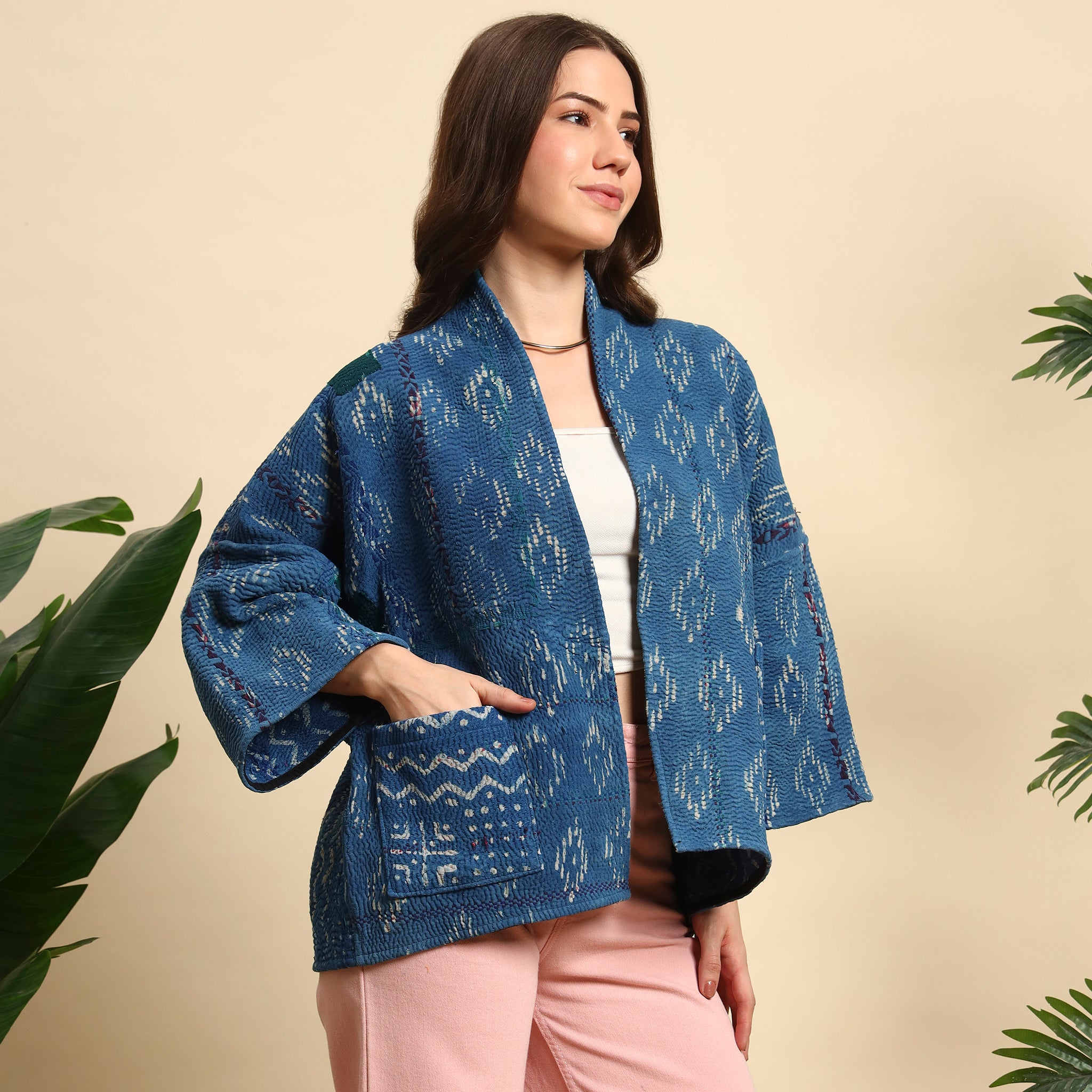 SAKARPARA Hand Block Printed Vintage Indigo Kantha Jacket