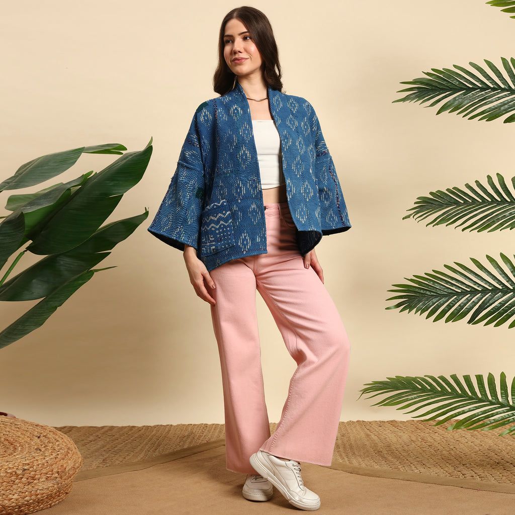 SAKARPARA Hand Block Printed Vintage Indigo Kantha Jacket