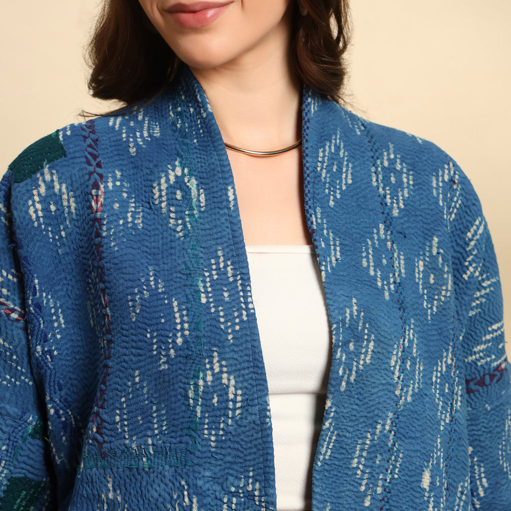 SAKARPARA Hand Block Printed Vintage Indigo Kantha Jacket