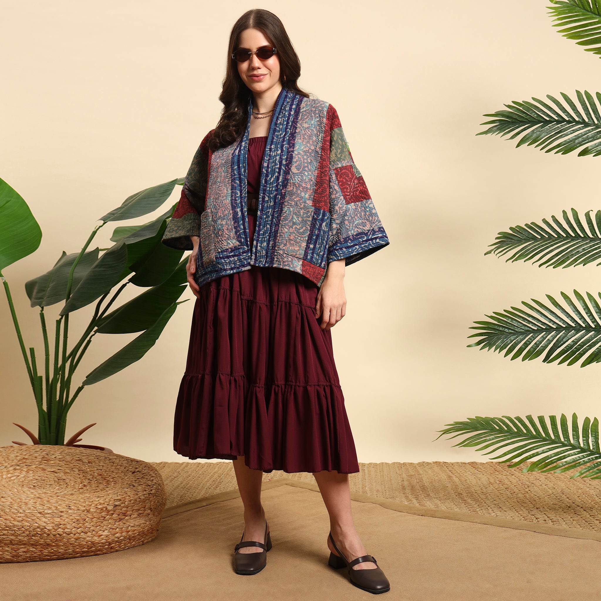 TUKDI Hand Block Printed Vintage Patchwork Indigo Kantha Jacket