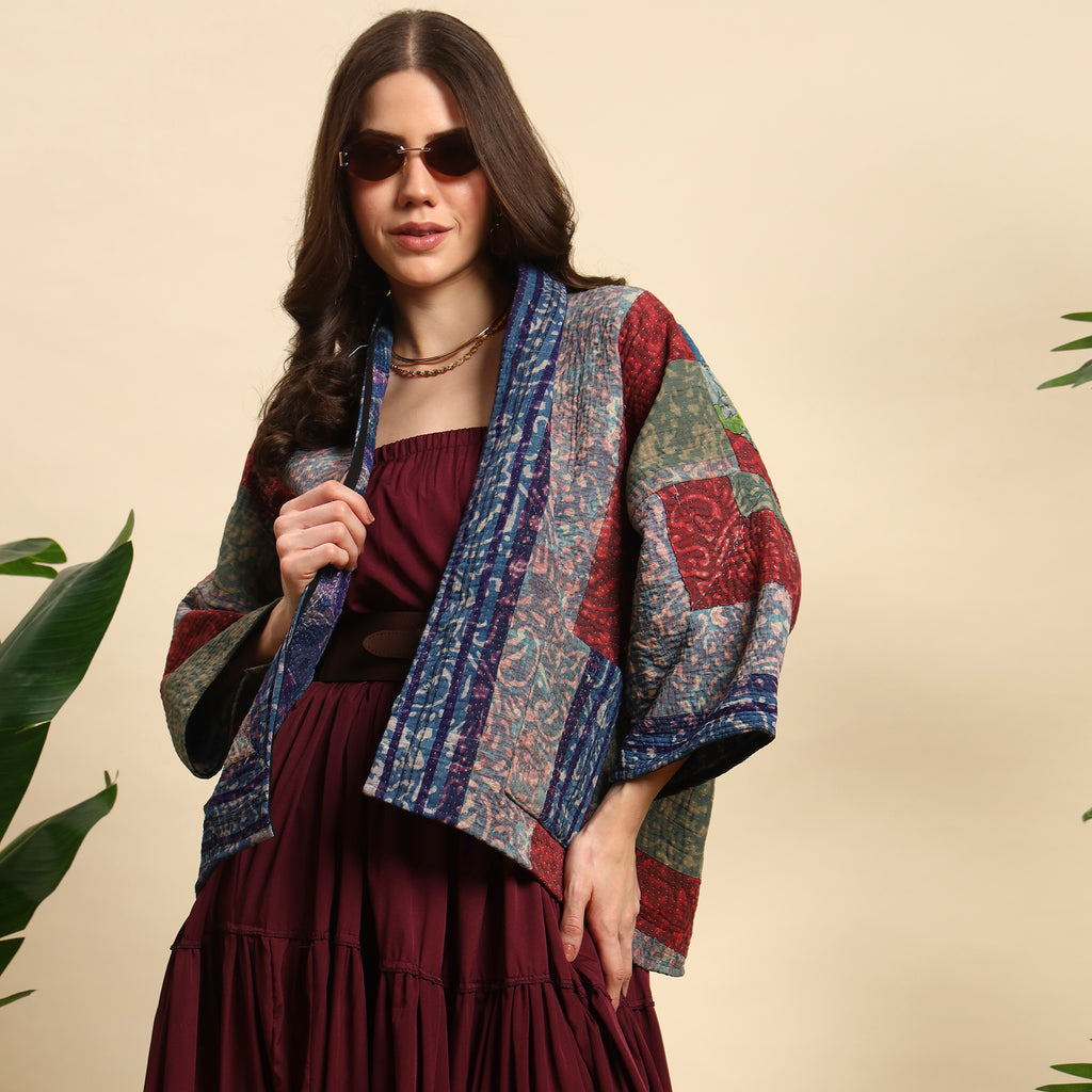 TUKDI Hand Block Printed Vintage Patchwork Indigo Kantha Jacket
