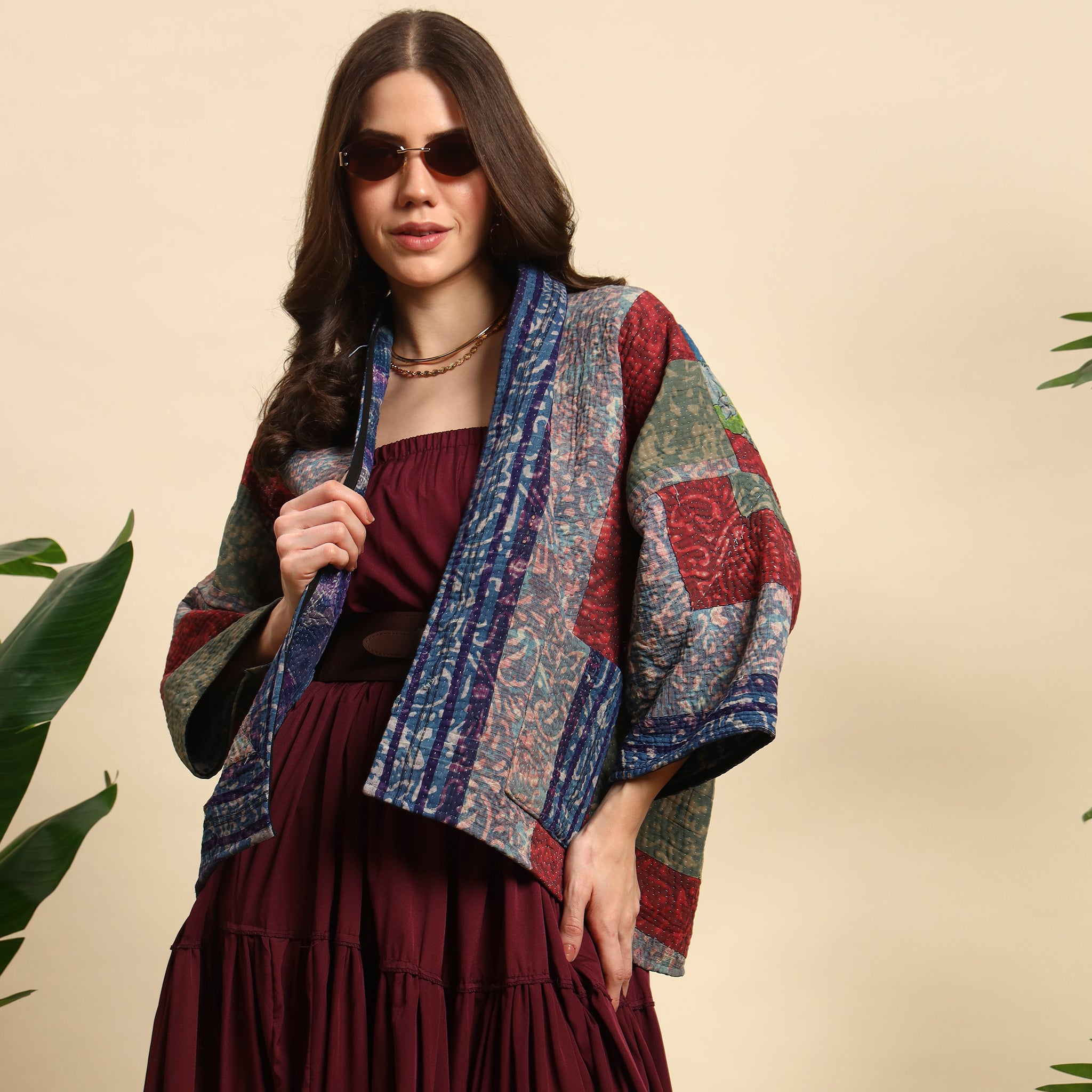 TUKDI Hand Block Printed Vintage Patchwork Indigo Kantha Jacket