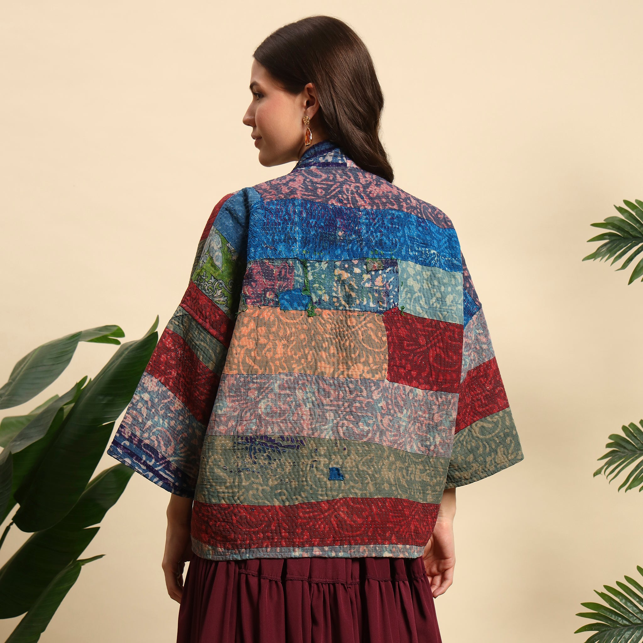 TUKDI Hand Block Printed Vintage Patchwork Indigo Kantha Jacket