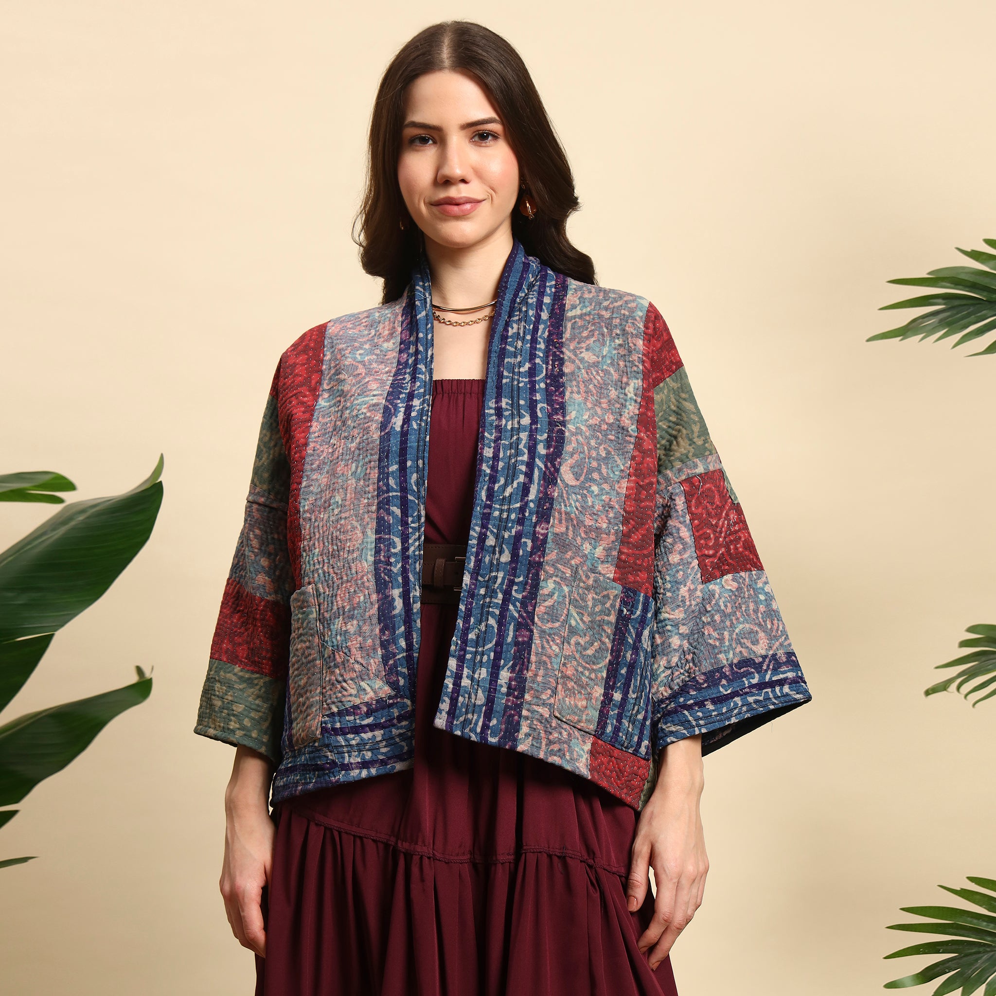 TUKDI Hand Block Printed Vintage Patchwork Indigo Kantha Jacket