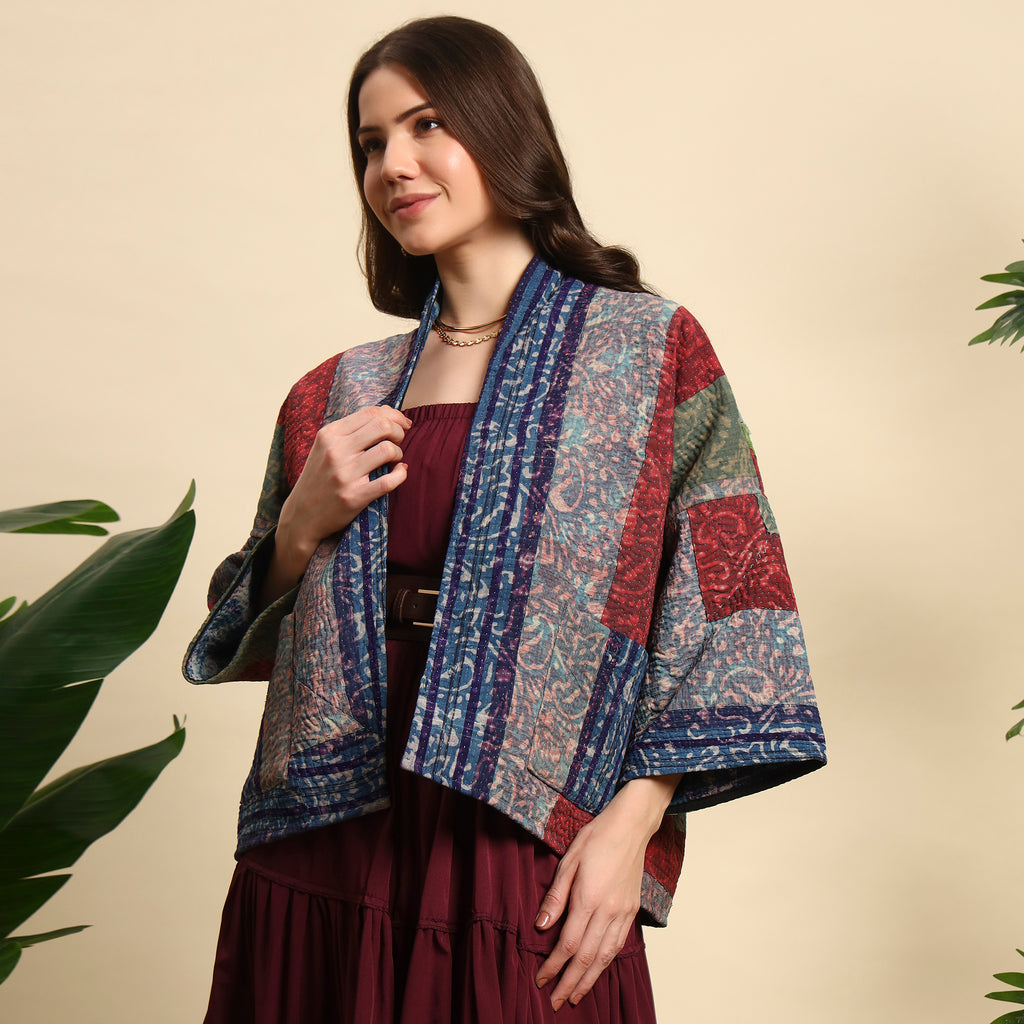 TUKDI Hand Block Printed Vintage Patchwork Indigo Kantha Jacket