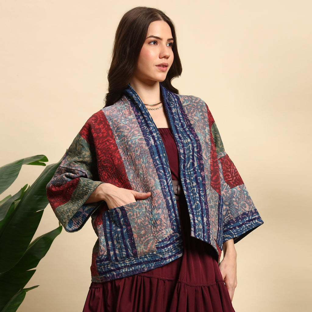 TUKDI Hand Block Printed Vintage Patchwork Indigo Kantha Jacket