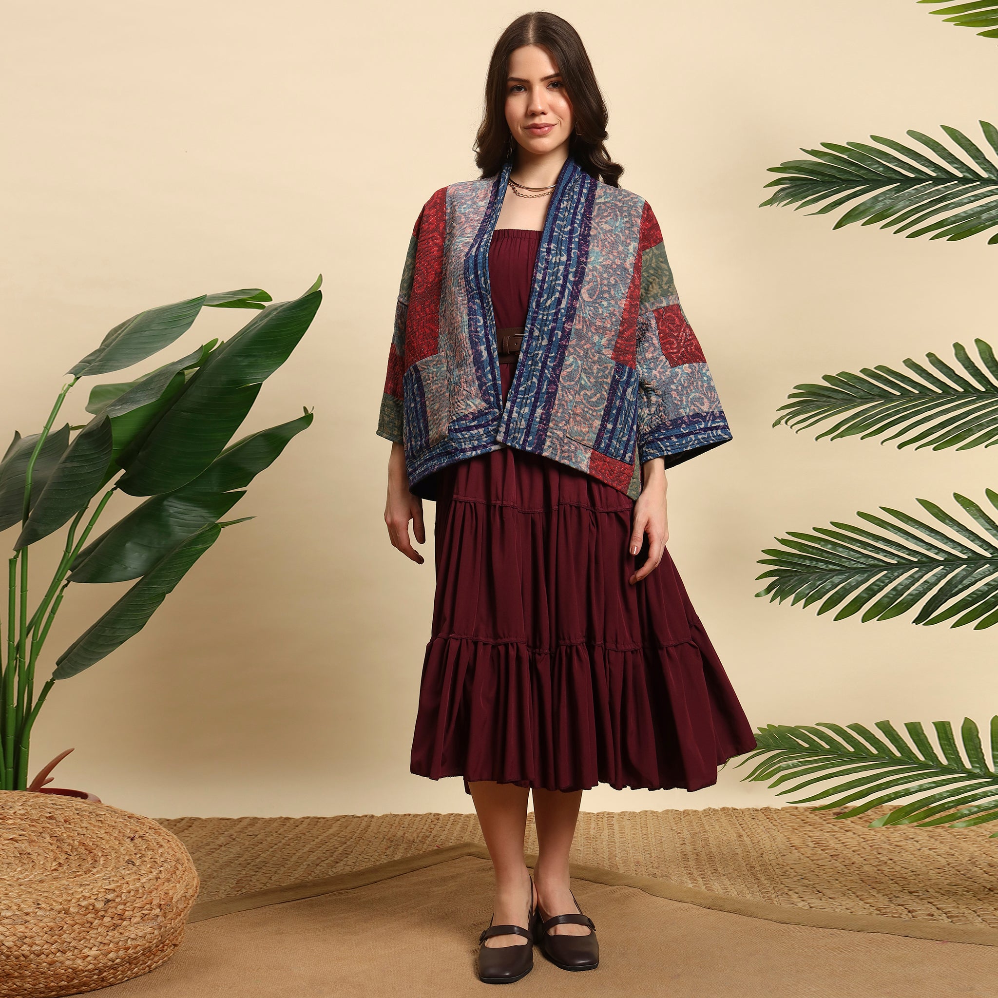 TUKDI Hand Block Printed Vintage Patchwork Indigo Kantha Jacket