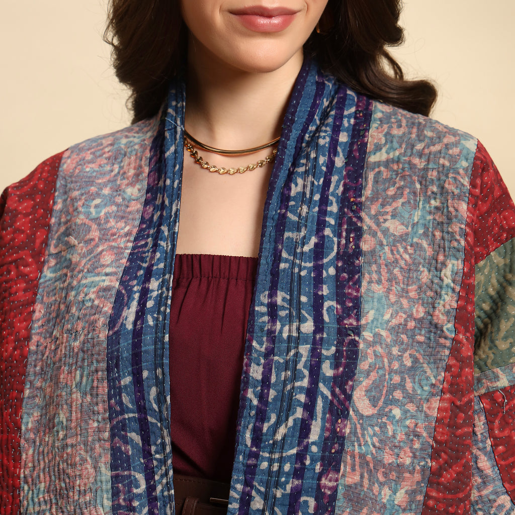 TUKDI Hand Block Printed Vintage Patchwork Indigo Kantha Jacket