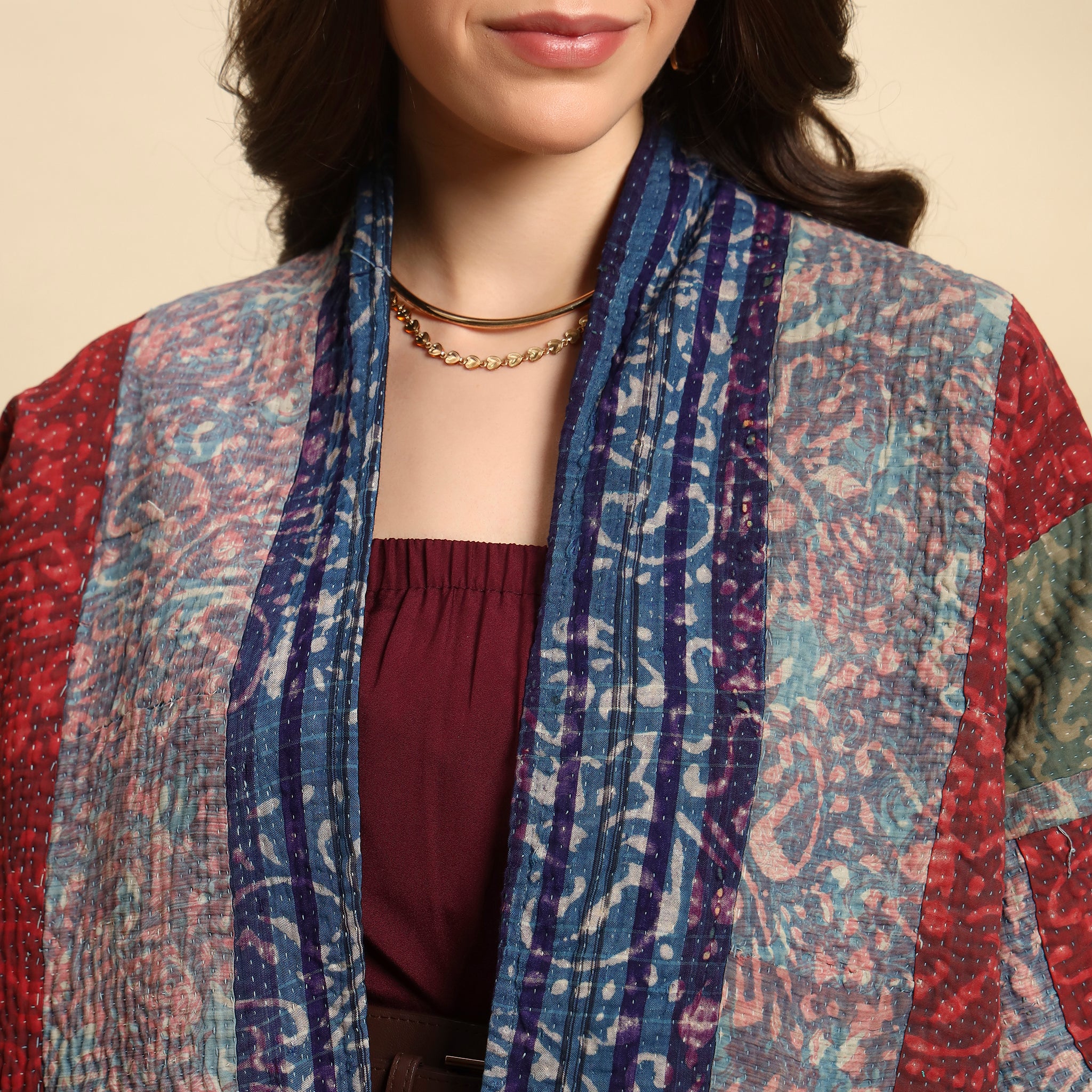 TUKDI Hand Block Printed Vintage Patchwork Indigo Kantha Jacket