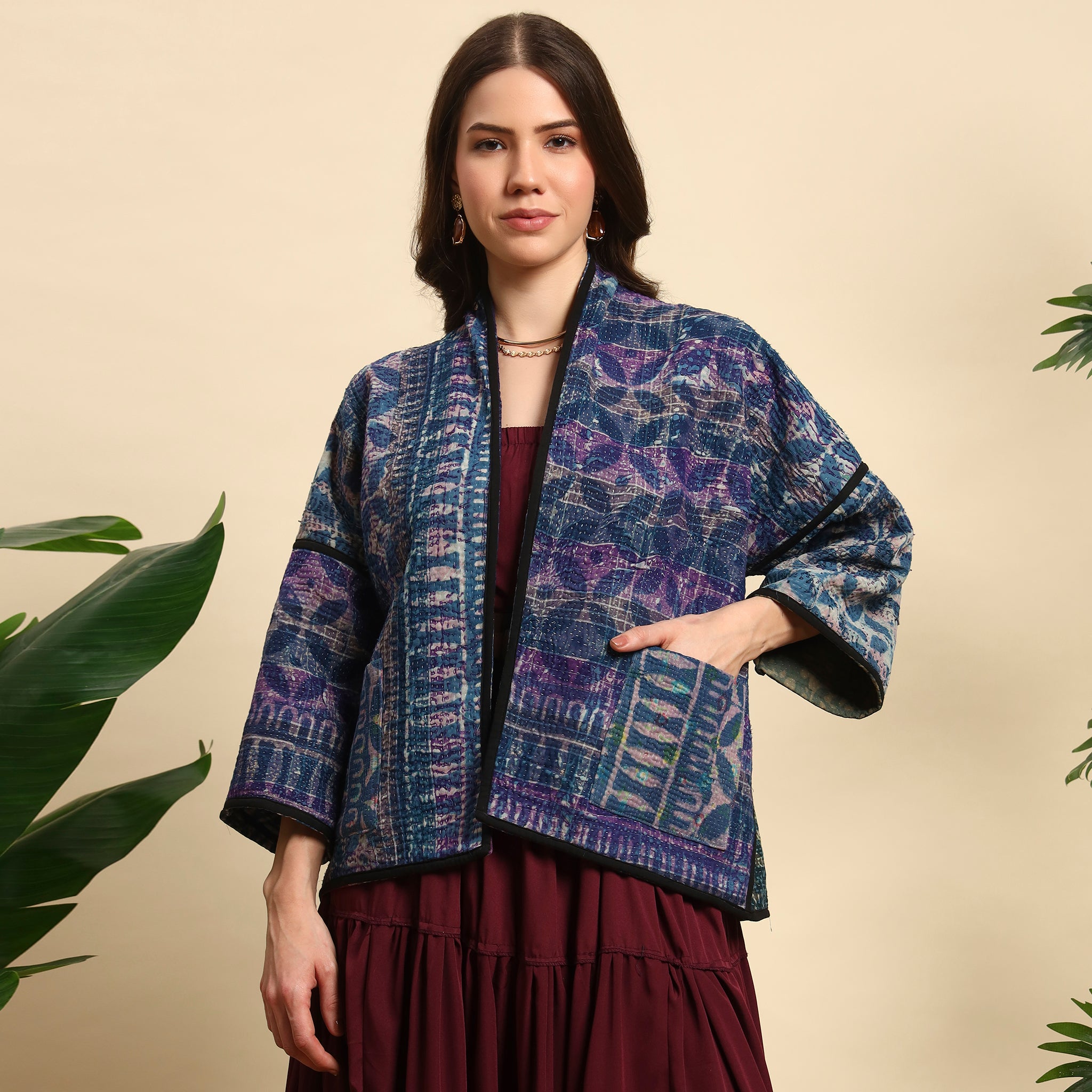 TUKDI Hand Block Printed Vintage Patchwork Indigo Kantha Jacket