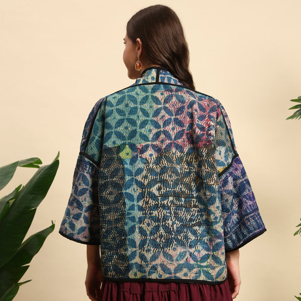 TUKDI Hand Block Printed Vintage Patchwork Indigo Kantha Jacket