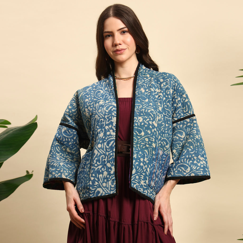 TIKKI Hand Block Printed Vintage Indigo Kantha Jacket