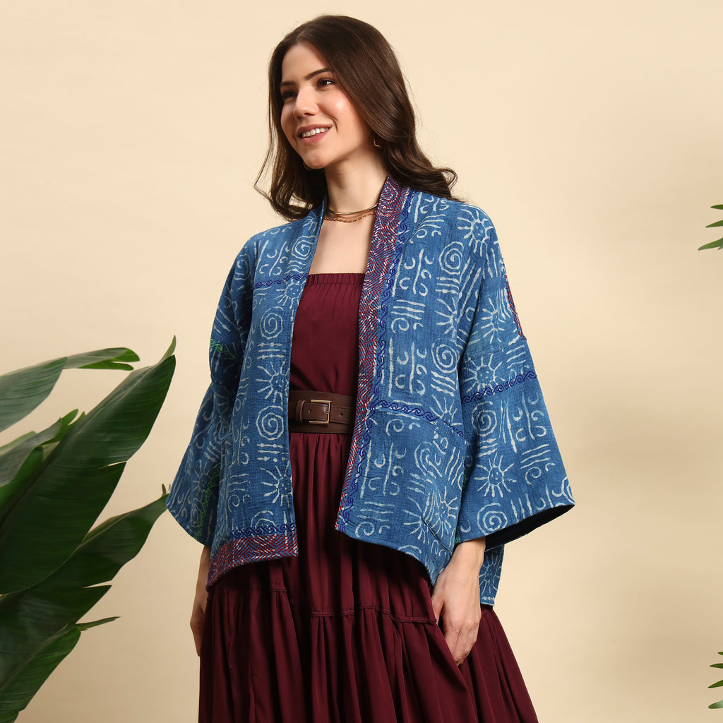CHAKRI Hand Block Printed Vintage Indigo Kantha Jacket