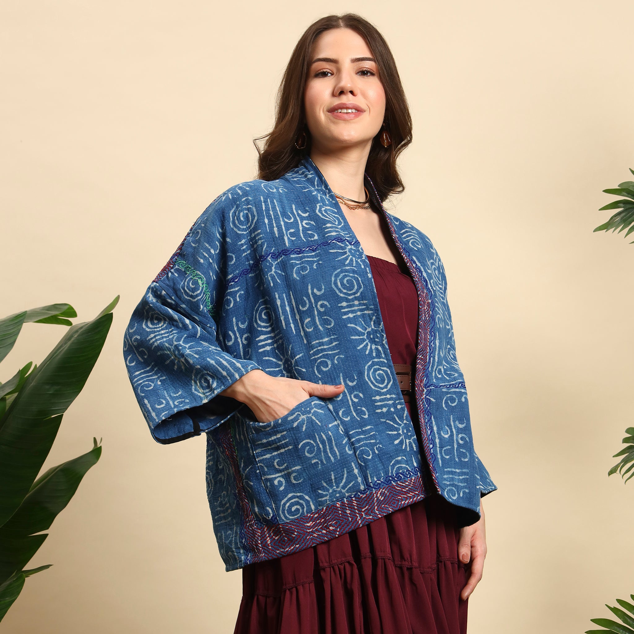 CHAKRI Hand Block Printed Vintage Indigo Kantha Jacket