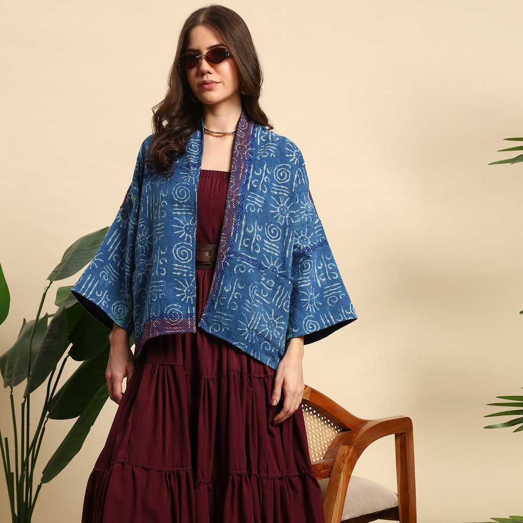 CHAKRI Hand Block Printed Vintage Indigo Kantha Jacket
