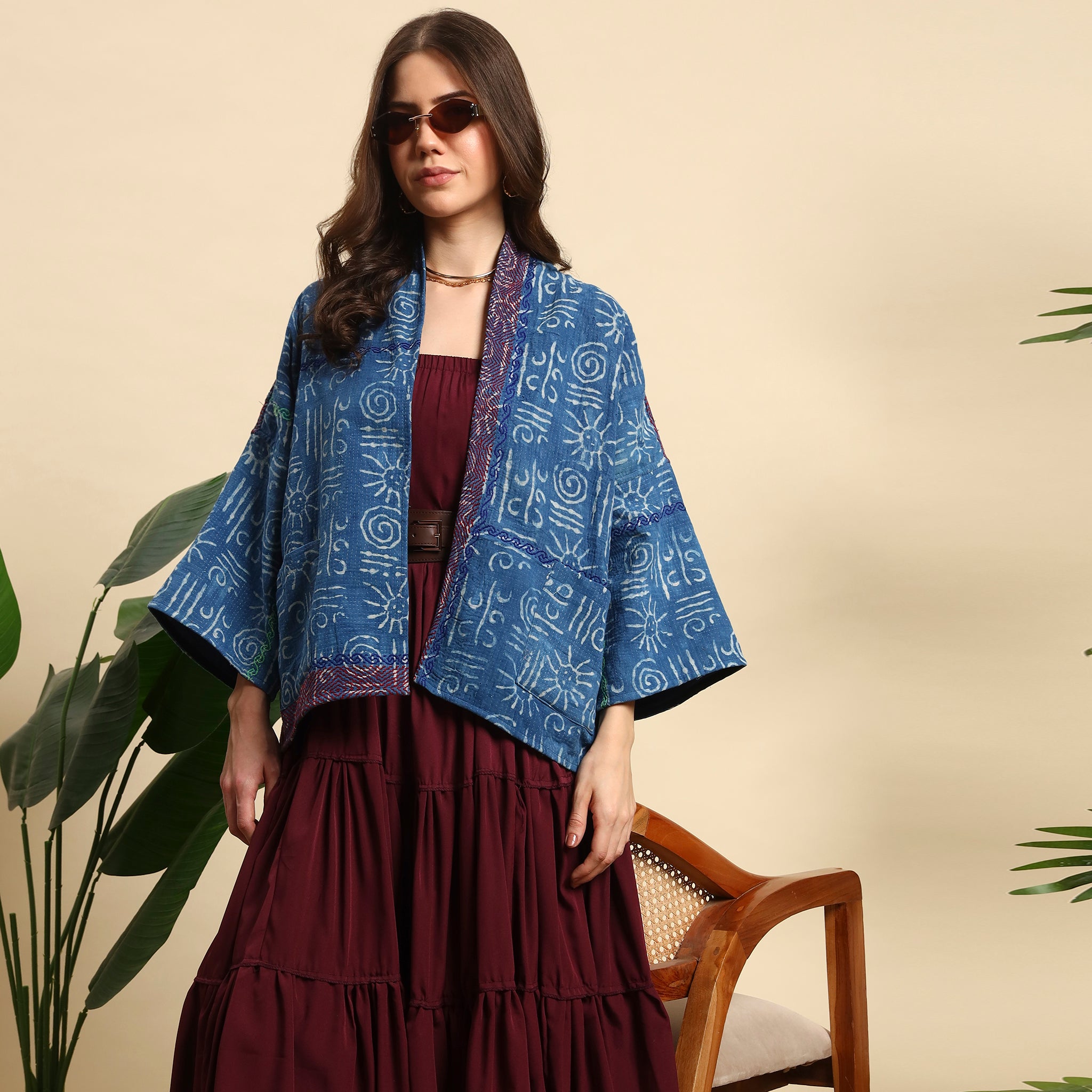 CHAKRI Hand Block Printed Vintage Indigo Kantha Jacket