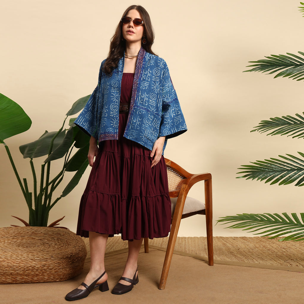 CHAKRI Hand Block Printed Vintage Indigo Kantha Jacket