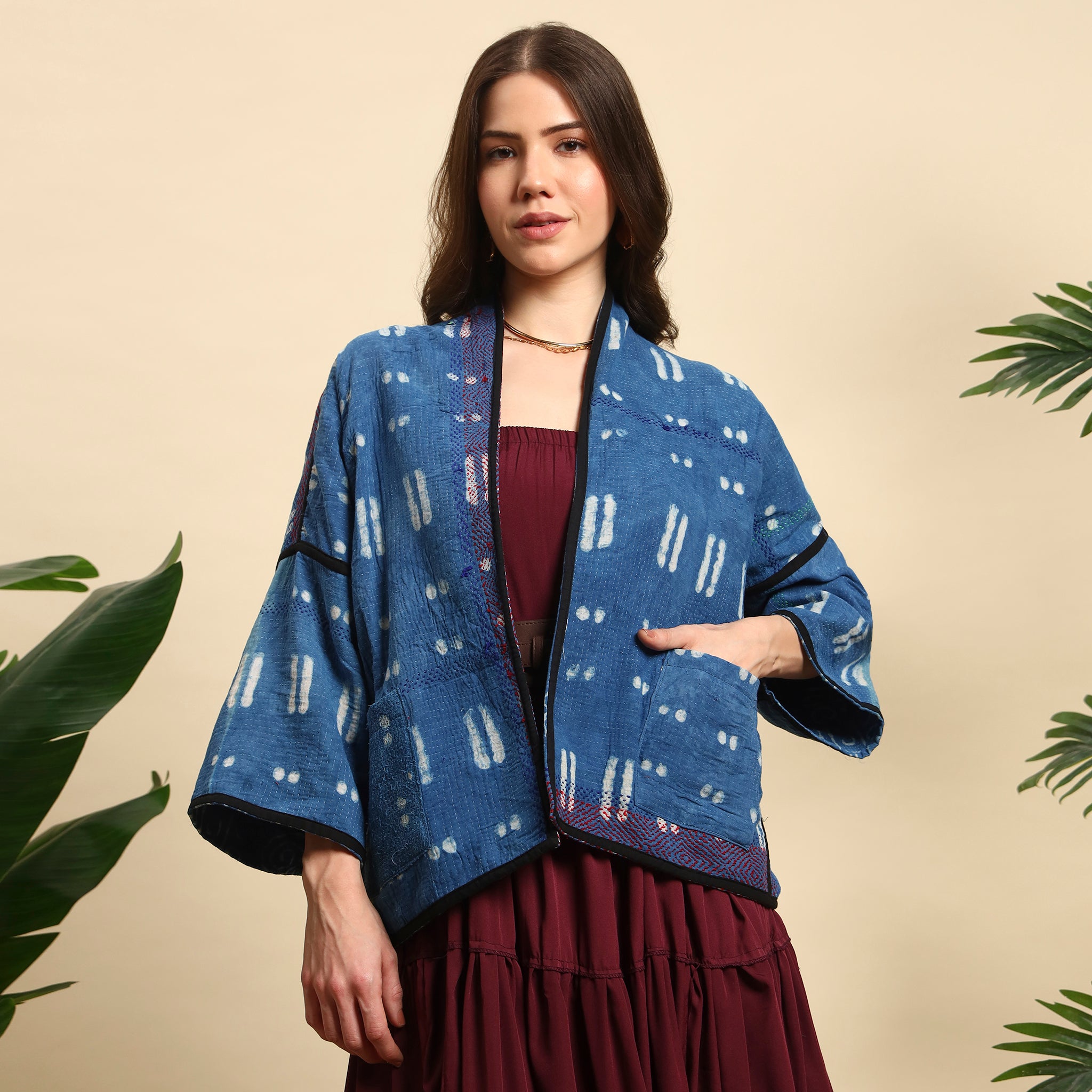 CHAKRI Hand Block Printed Vintage Indigo Kantha Jacket
