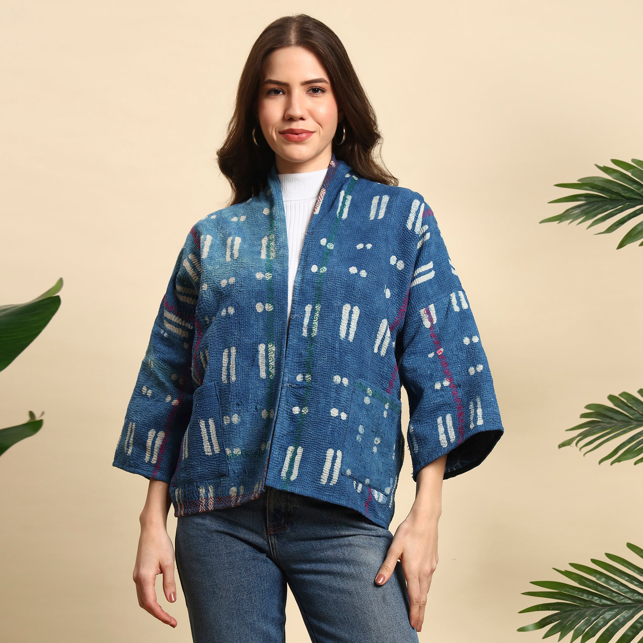 LAYAN Hand Block Printed Vintage Indigo Kantha Jacket