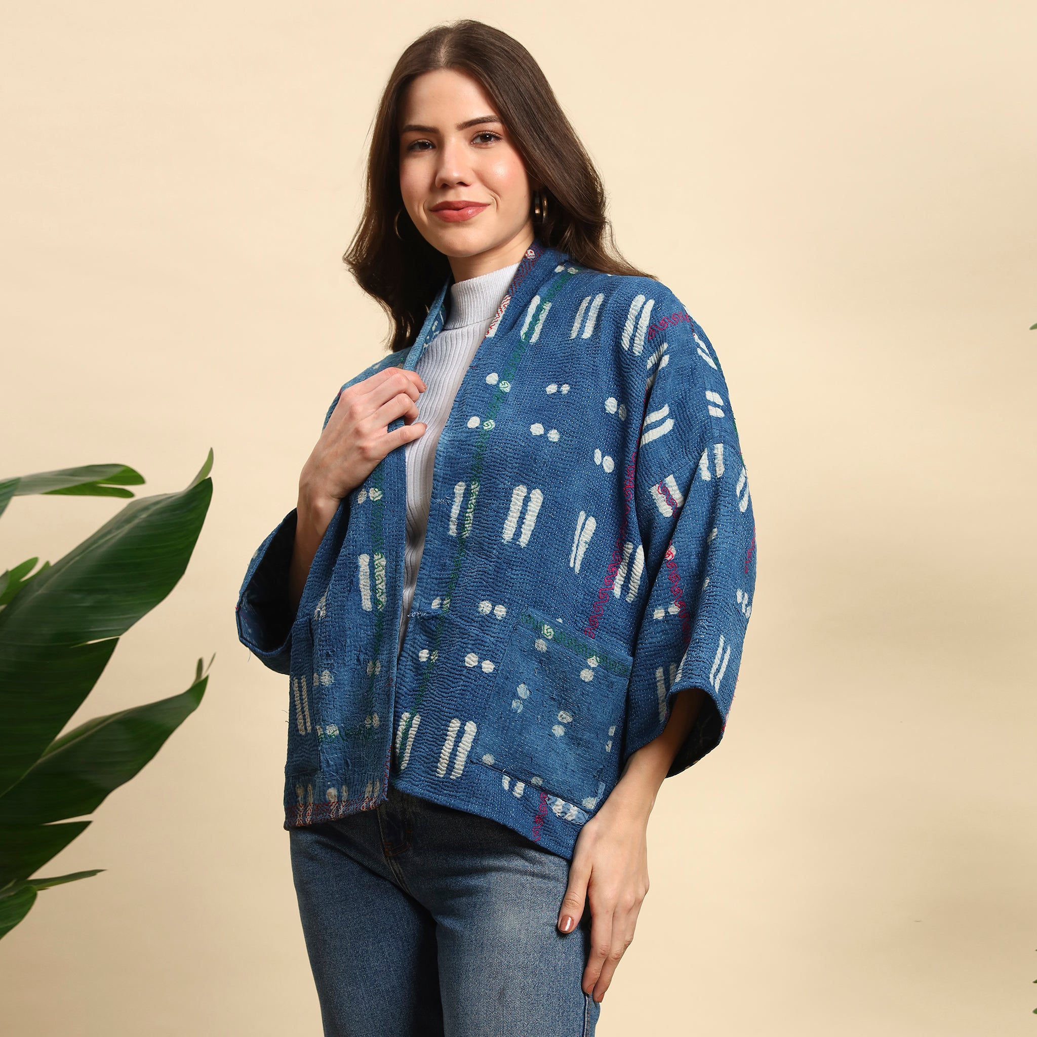 LAYAN Hand Block Printed Vintage Indigo Kantha Jacket