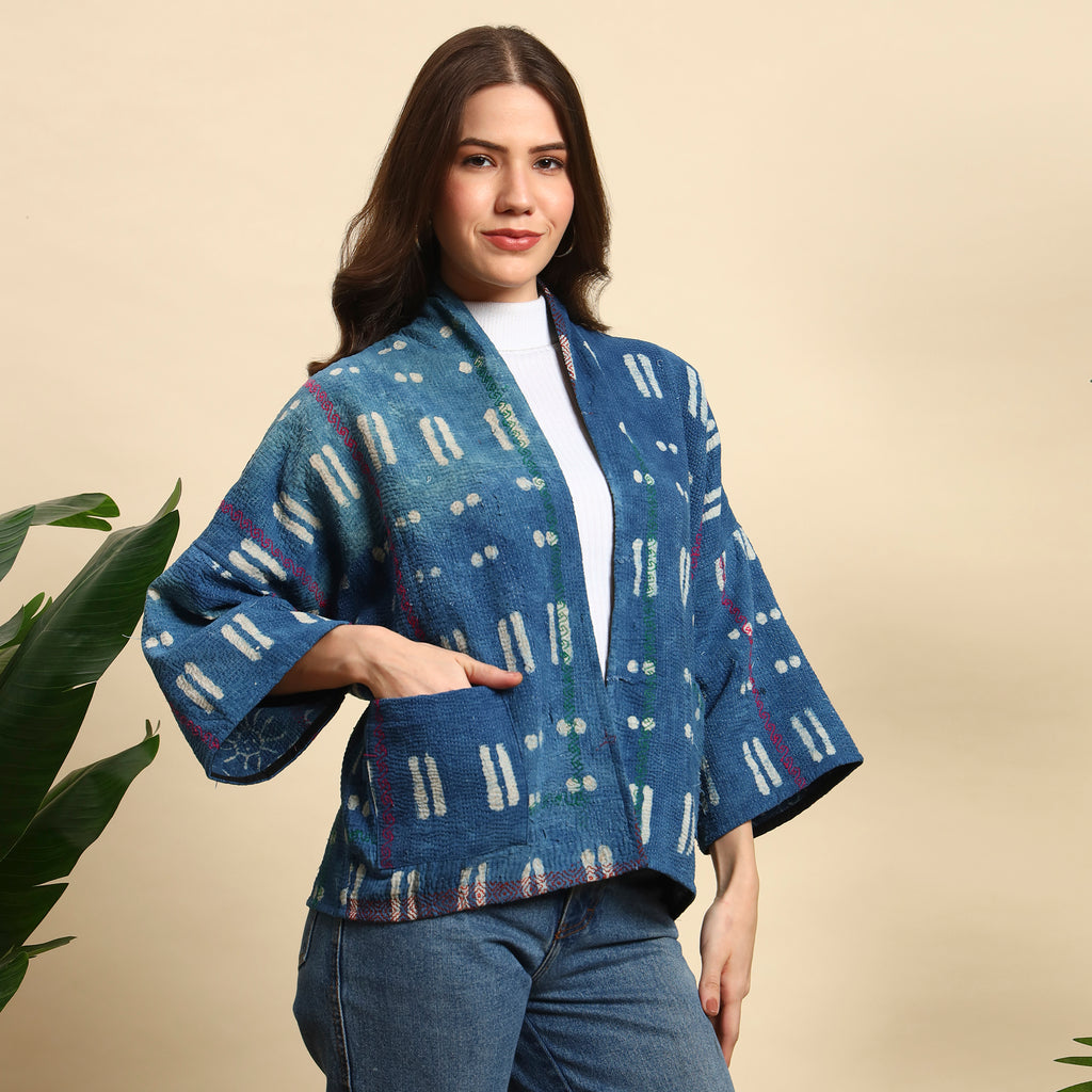 LAYAN Hand Block Printed Vintage Indigo Kantha Jacket