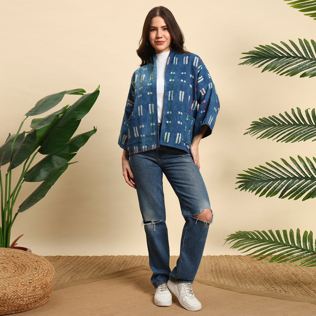 LAYAN Hand Block Printed Vintage Indigo Kantha Jacket