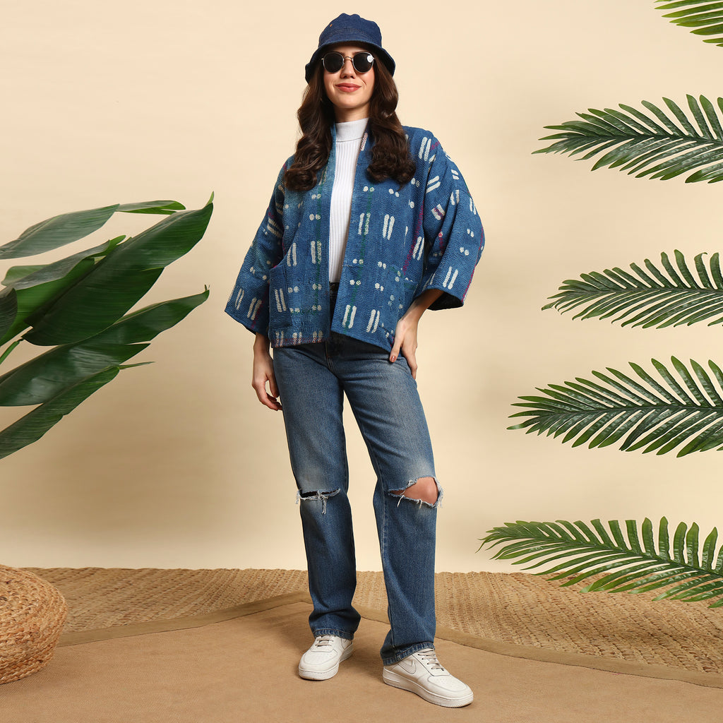 LAYAN Hand Block Printed Vintage Indigo Kantha Jacket