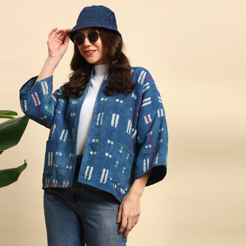 LAYAN Hand Block Printed Vintage Indigo Kantha Jacket