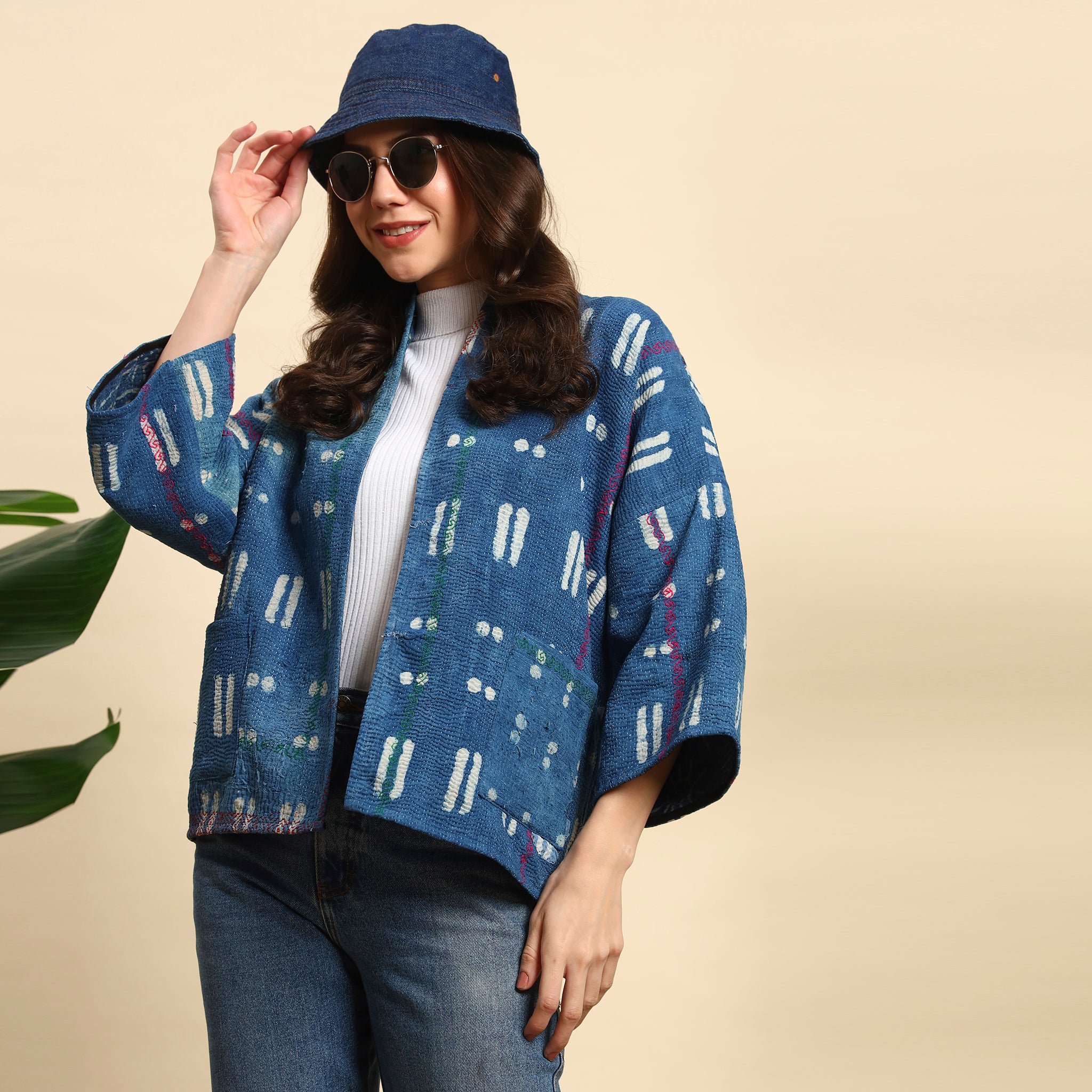 LAYAN Hand Block Printed Vintage Indigo Kantha Jacket