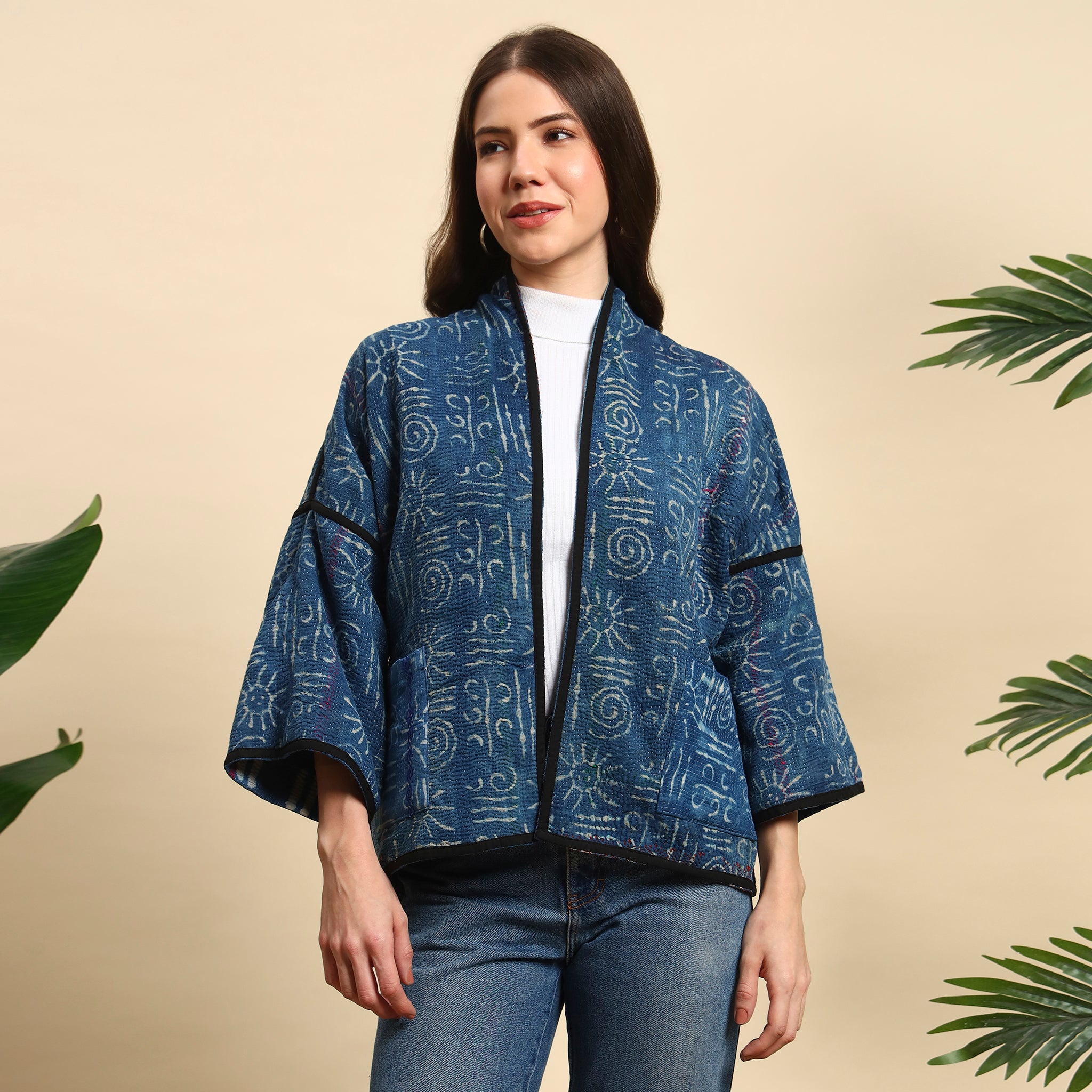 LAYAN Hand Block Printed Vintage Indigo Kantha Jacket