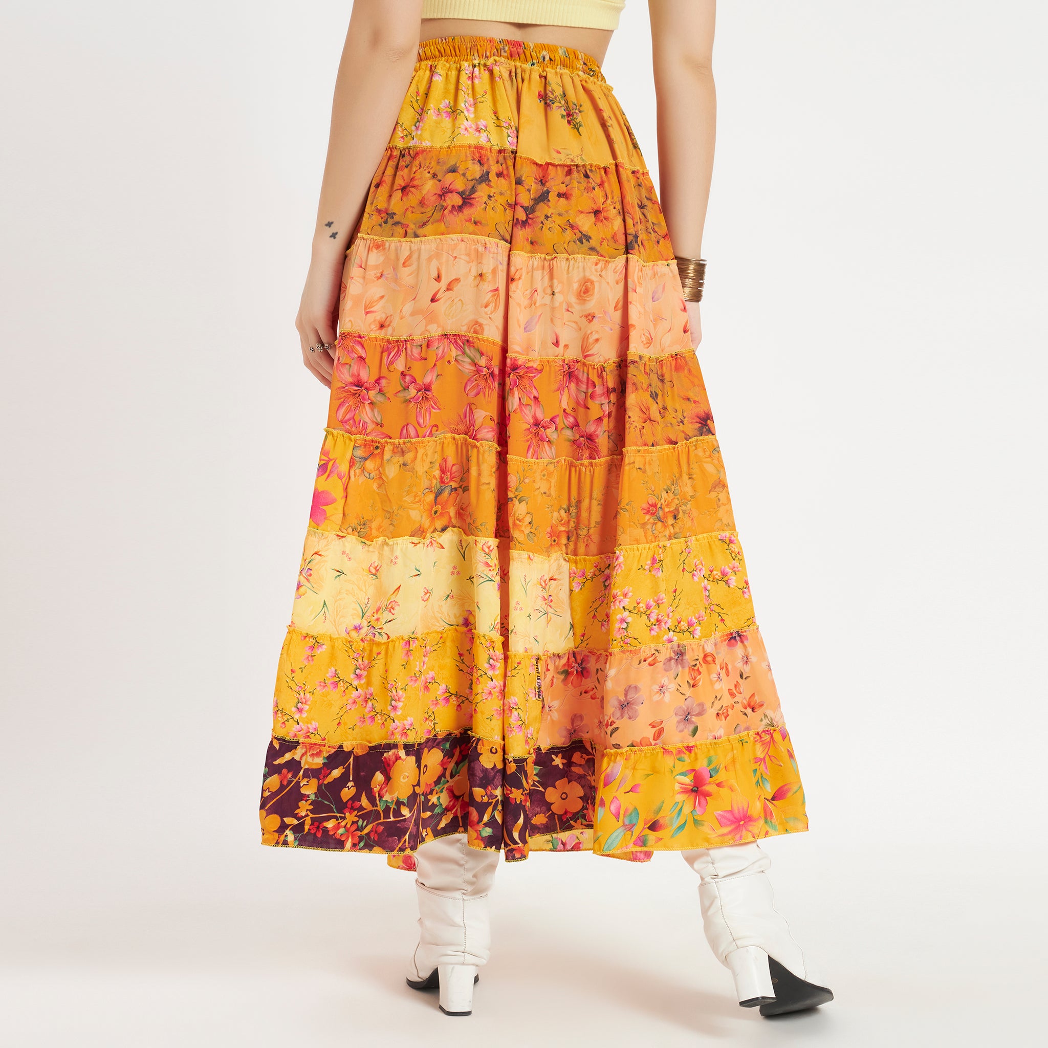 Yellow Handmade Sari Silk Tiered Patchwork Skirt